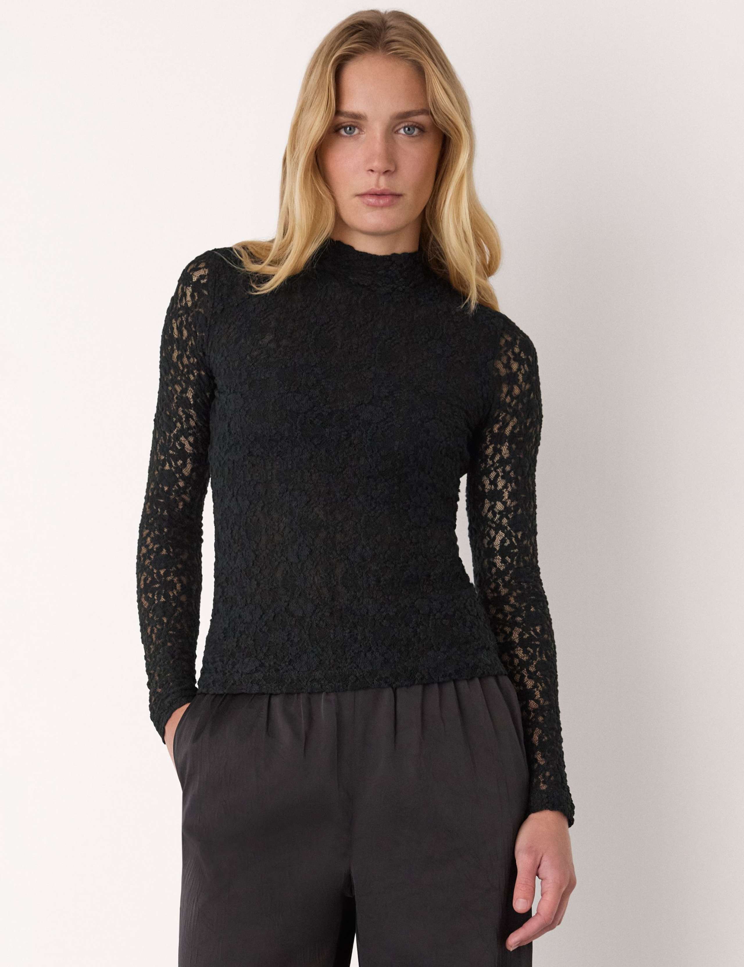 Cotton Blend Lace Detail High Neck Top 1 of 4