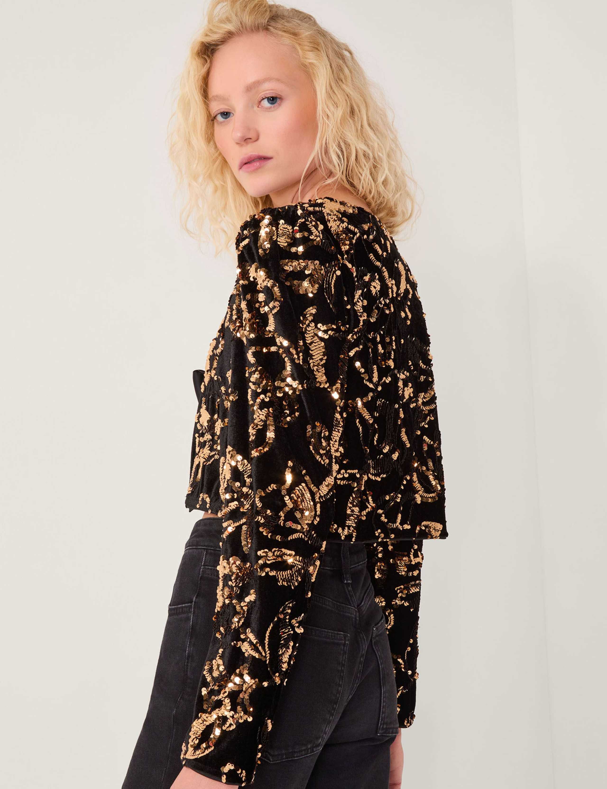 Velvet Sequinned Tie Front Cropped Jacket 3 of 5