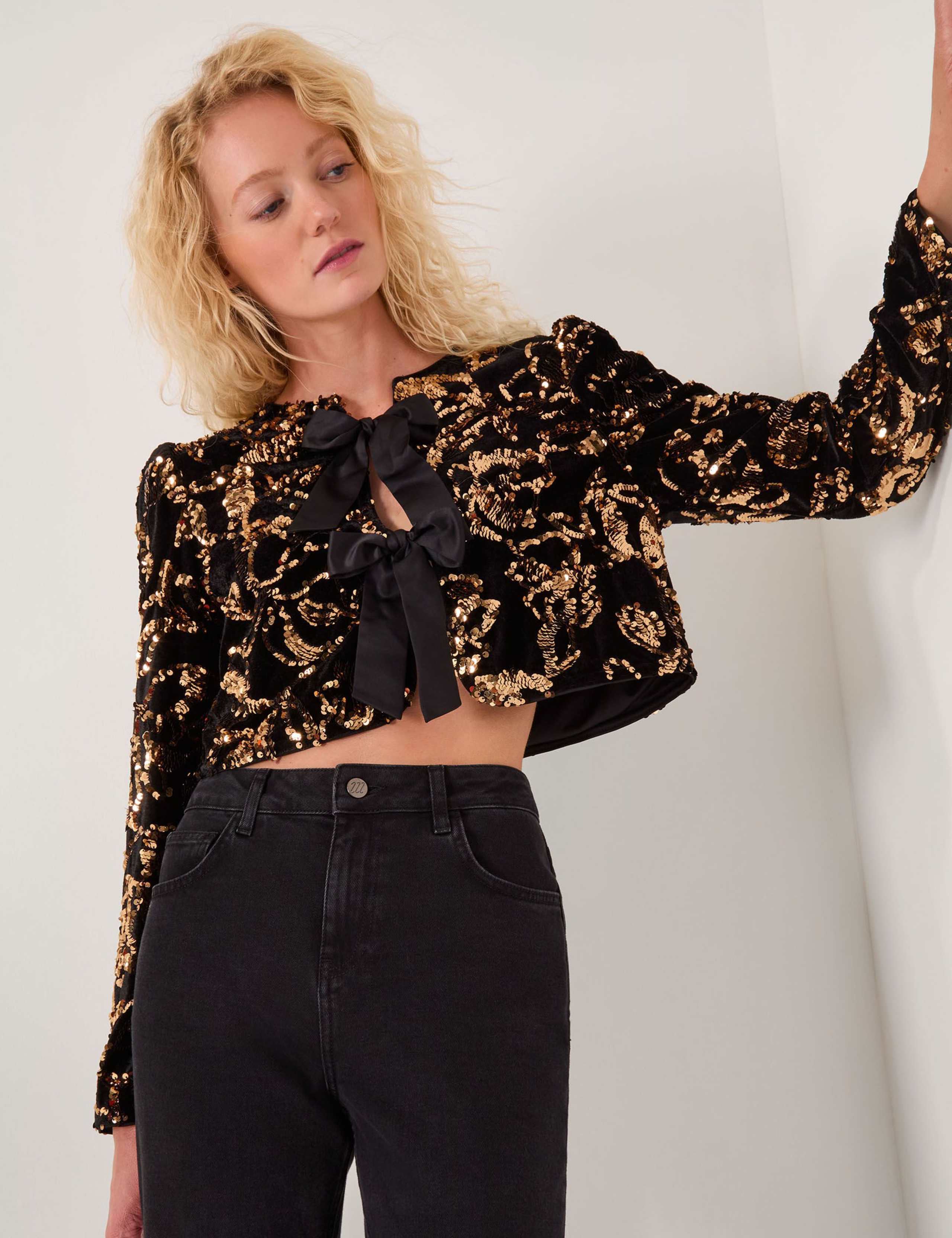Velvet Sequinned Tie Front Cropped Jacket 5 of 5