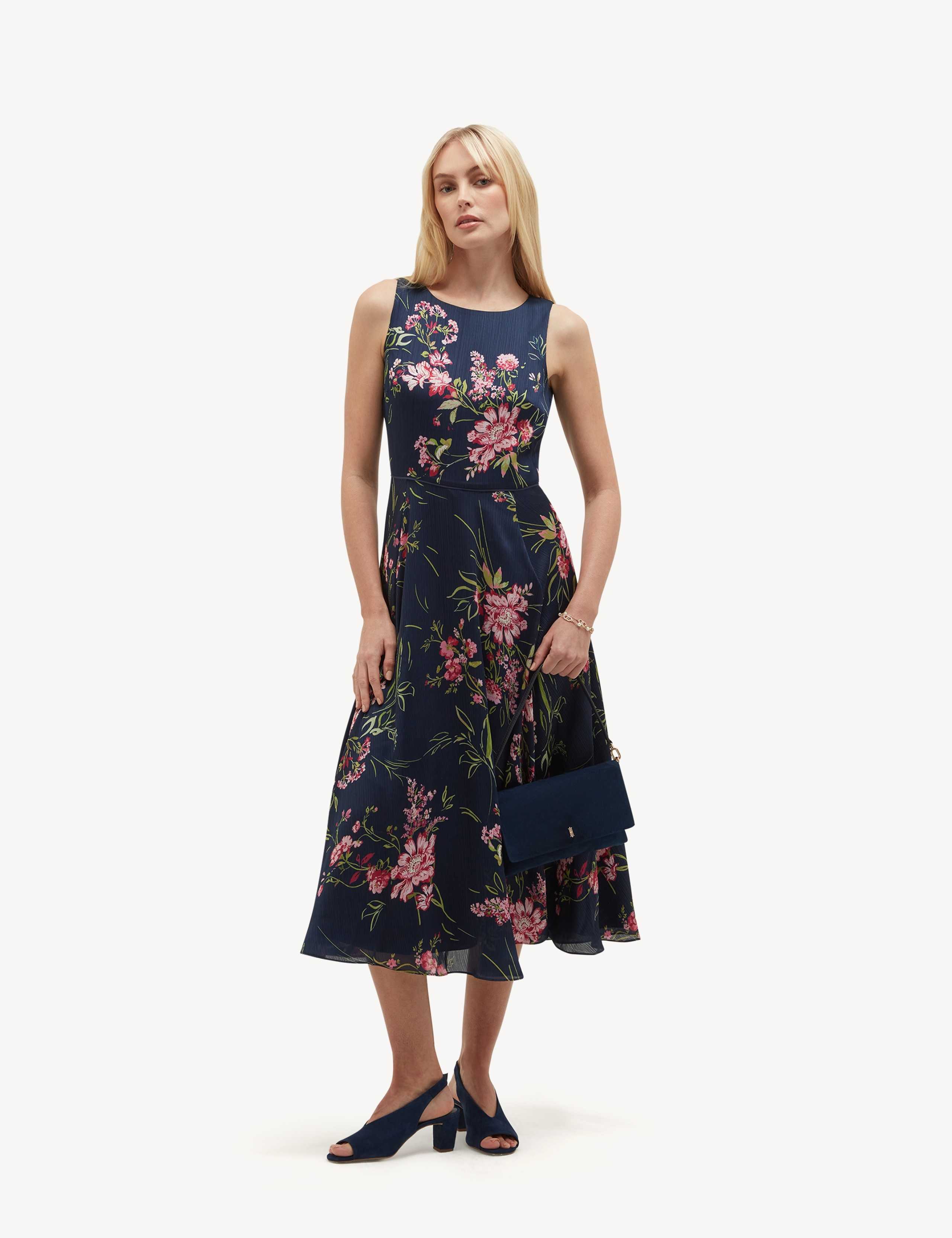 Satin Floral Crew Neck Midi Skater Dress 1 of 6
