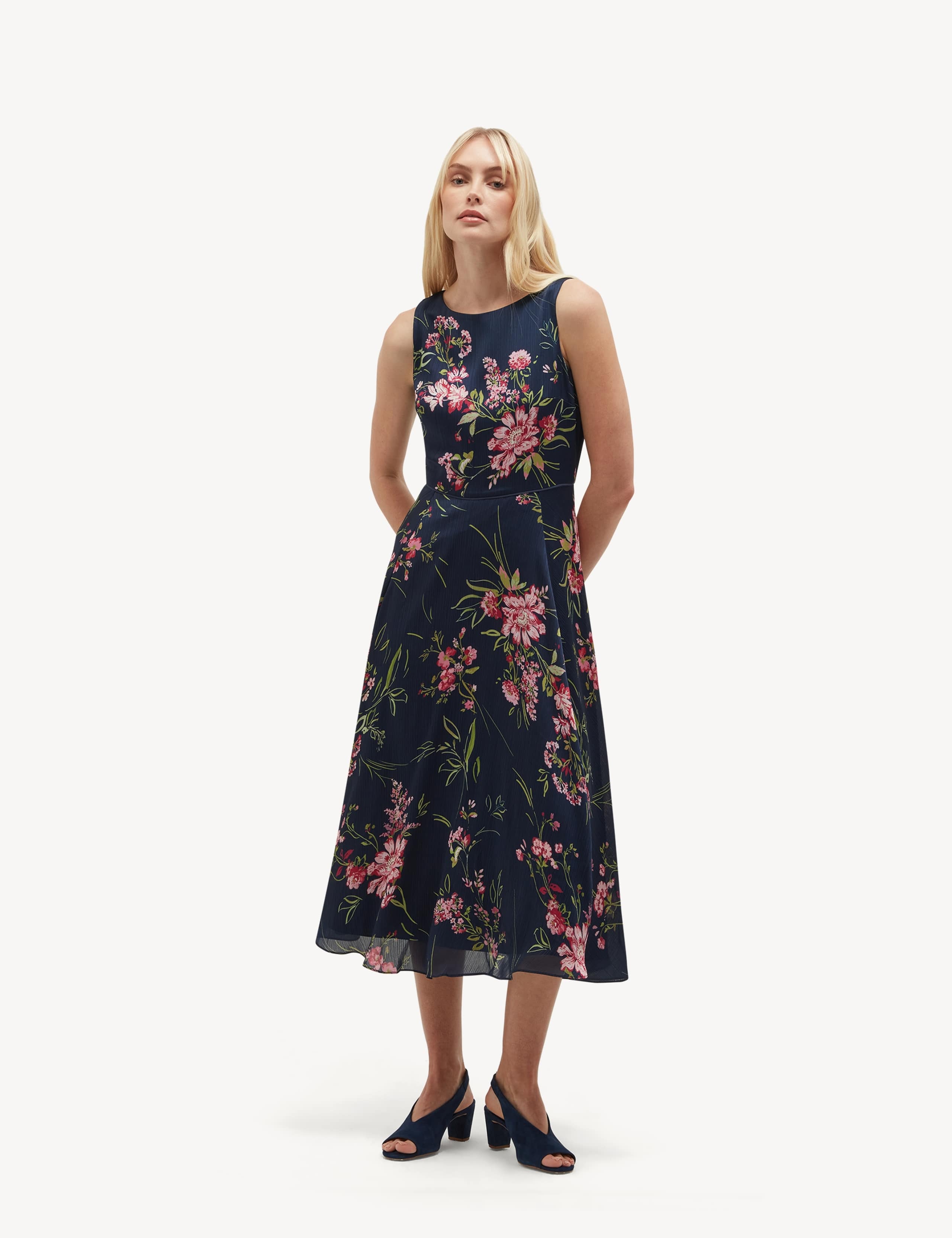 Satin Floral Crew Neck Midi Skater Dress 3 of 6