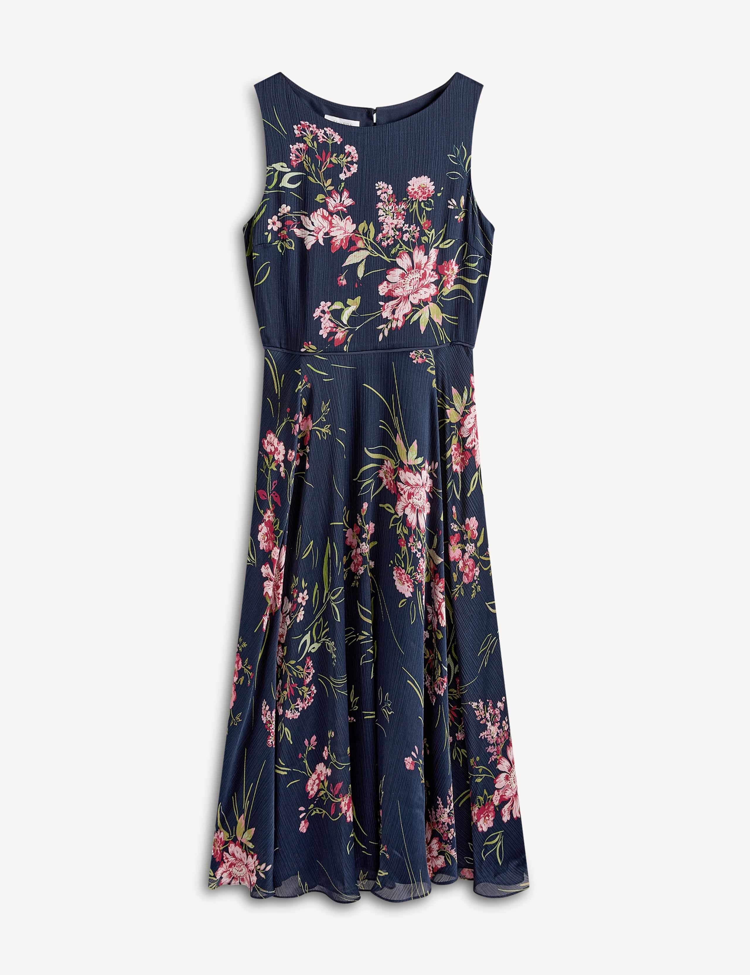Satin Floral Crew Neck Midi Skater Dress 2 of 6