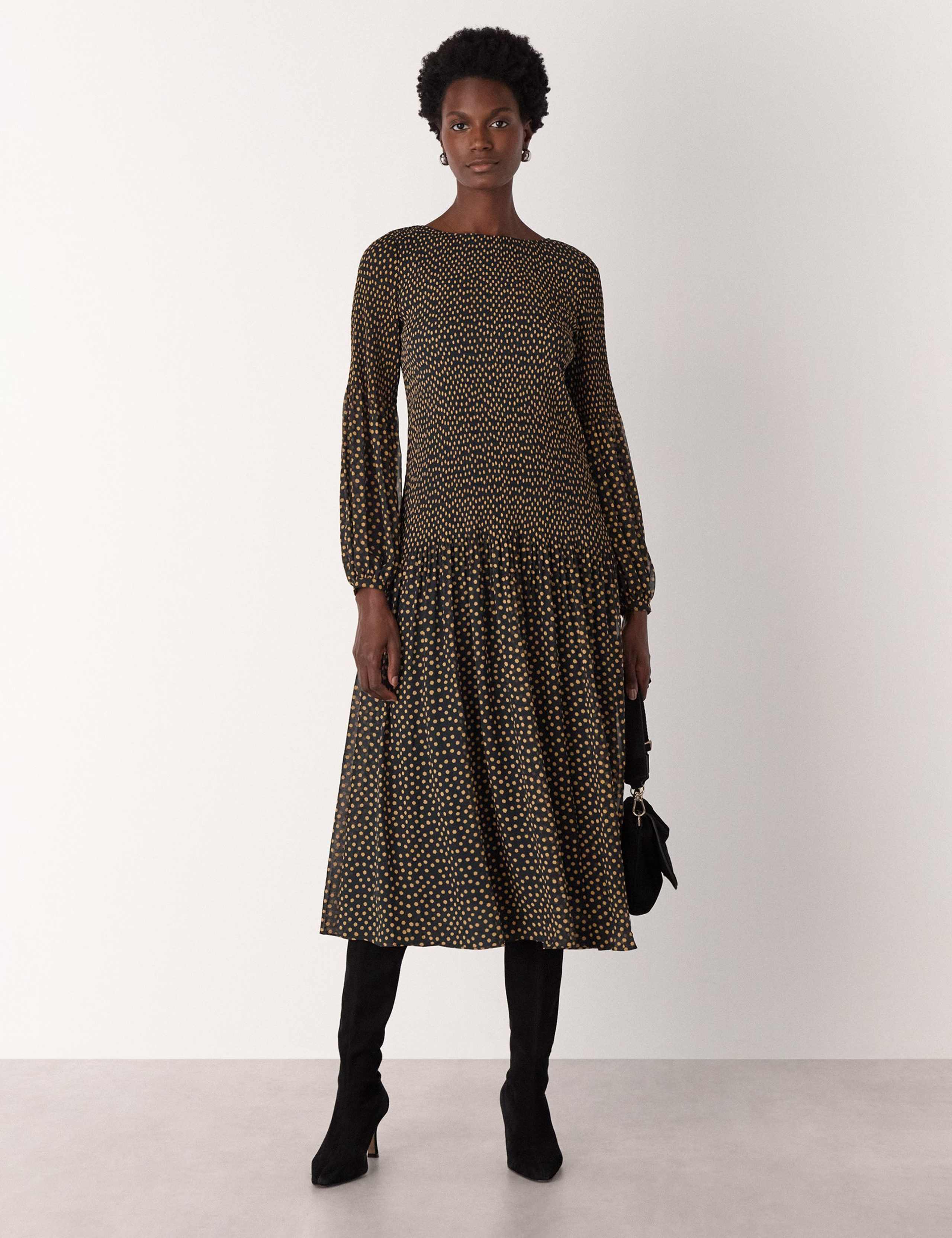 Spot Print Plissé Slash Neck Midi Smock Dress 1 of 4