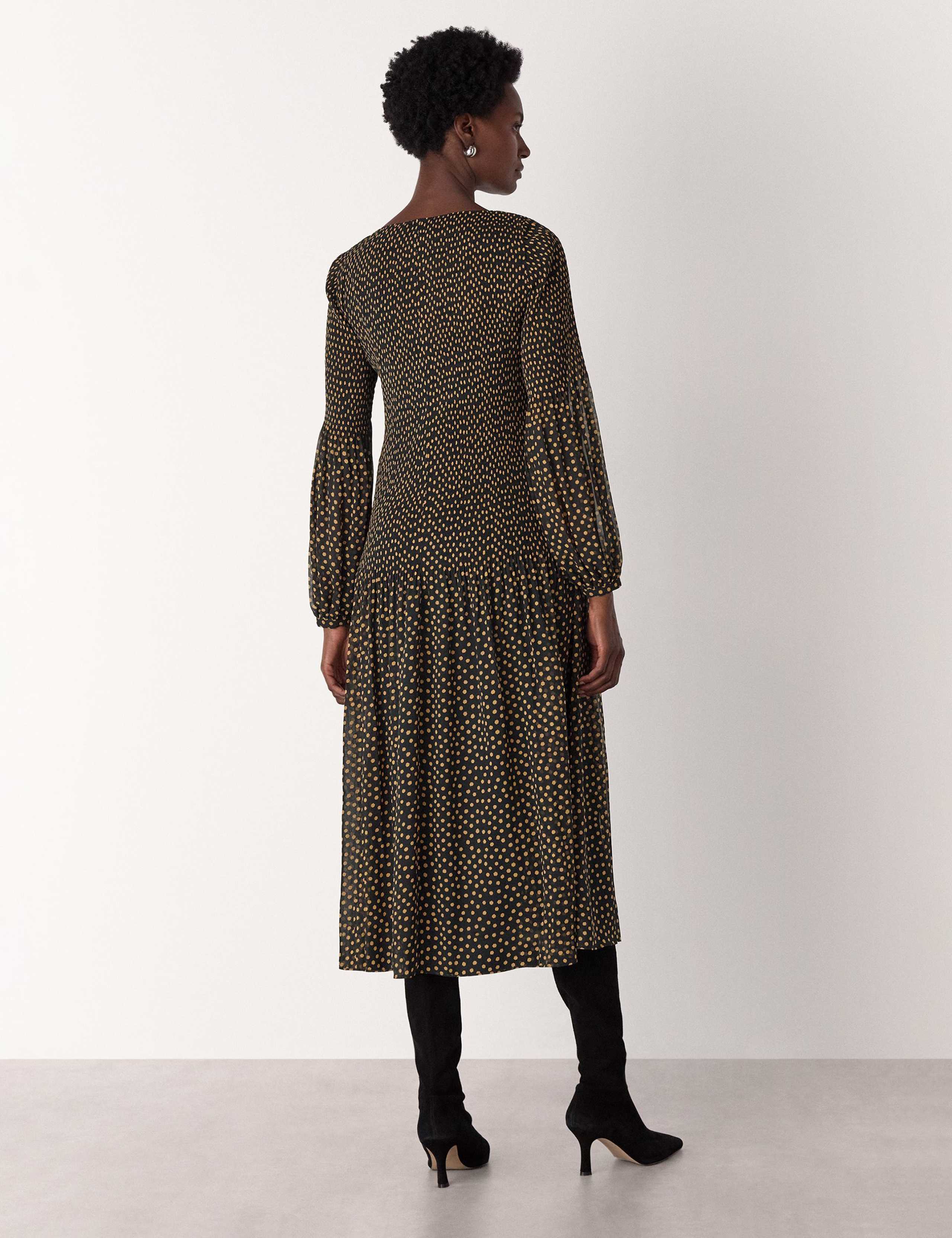 Spot Print Plissé Slash Neck Midi Smock Dress 3 of 4