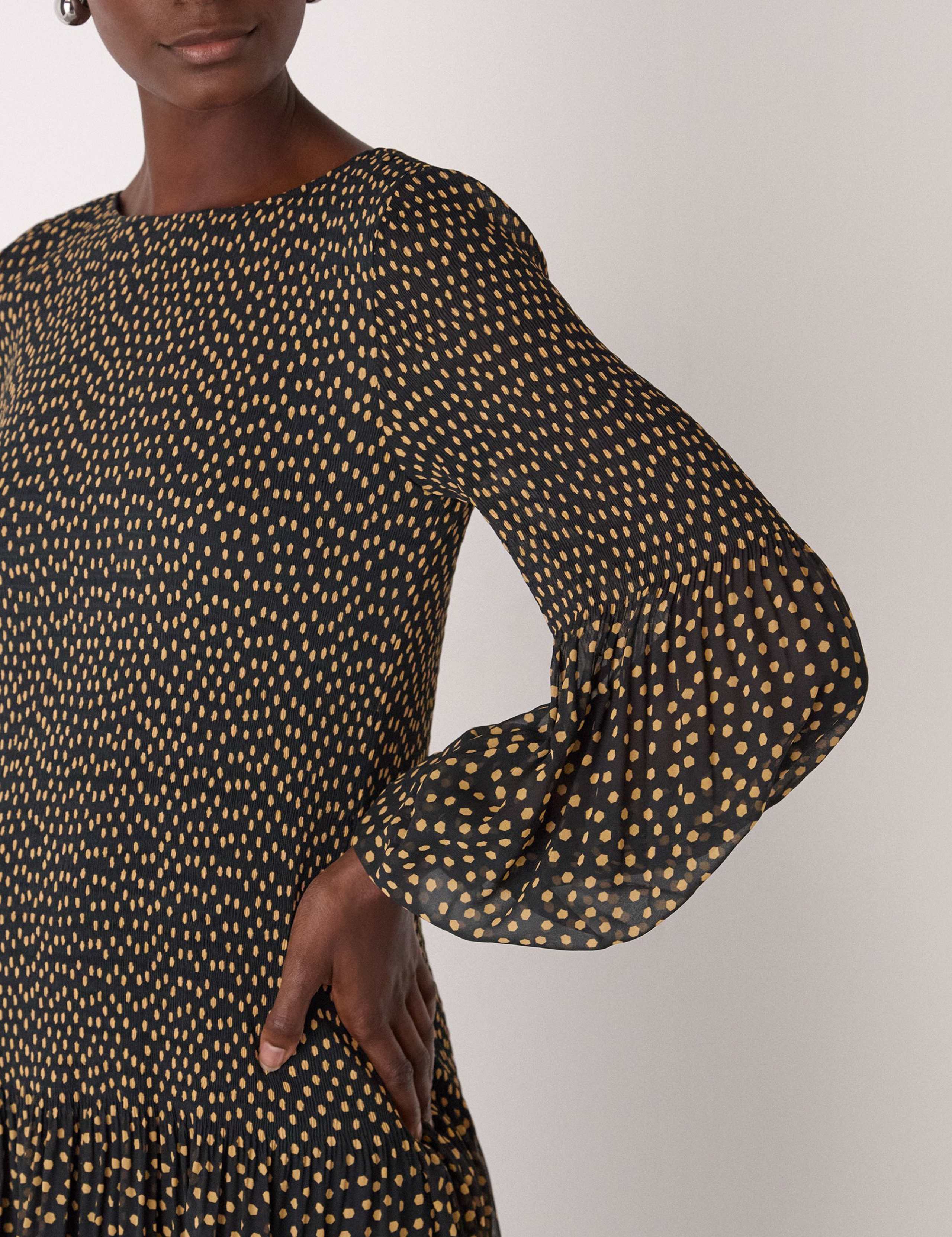 Spot Print Plissé Slash Neck Midi Smock Dress 4 of 4