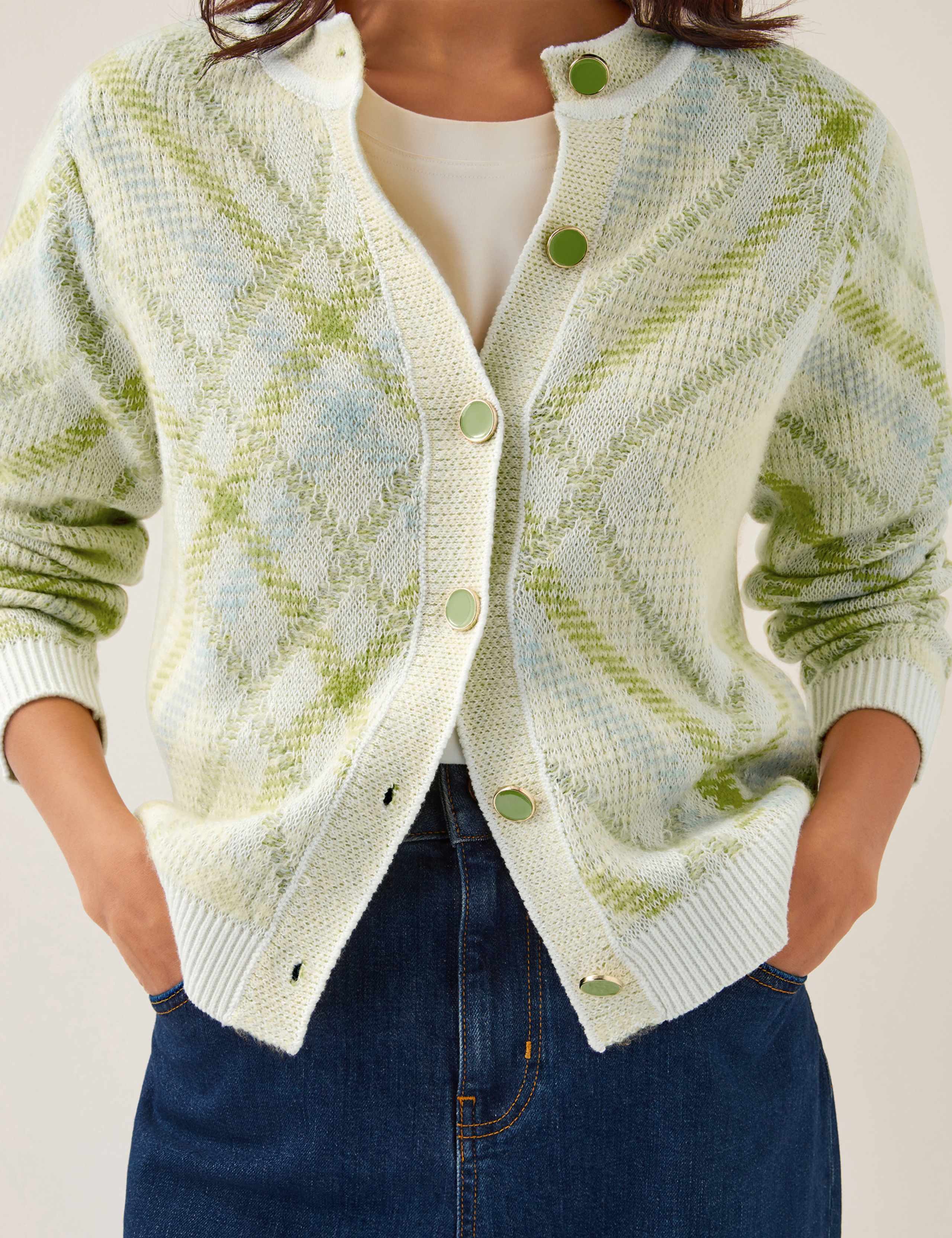 Textured Argyle Crew Neck Cardigan with Wool 2 of 4