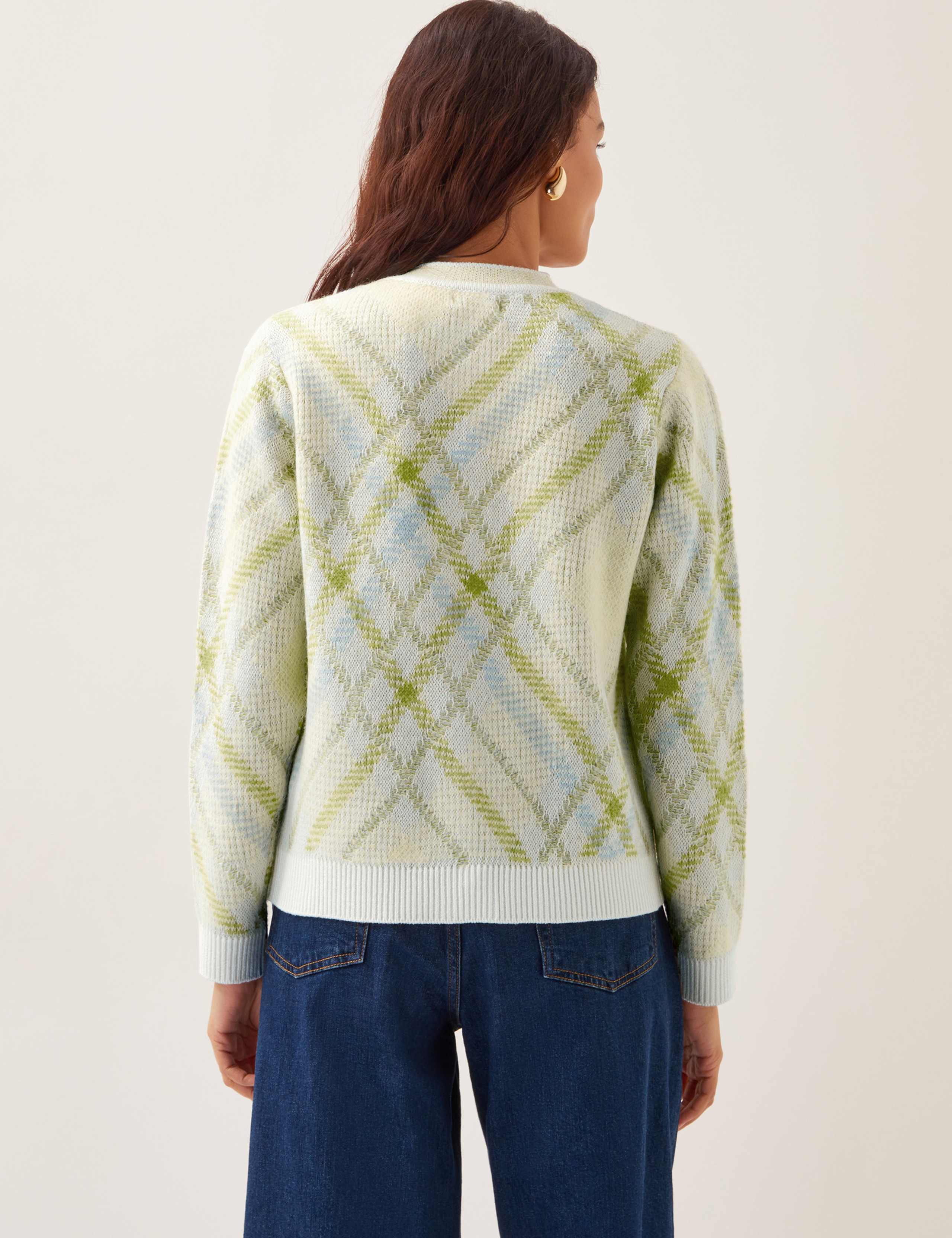 Textured Argyle Crew Neck Cardigan with Wool 4 of 4