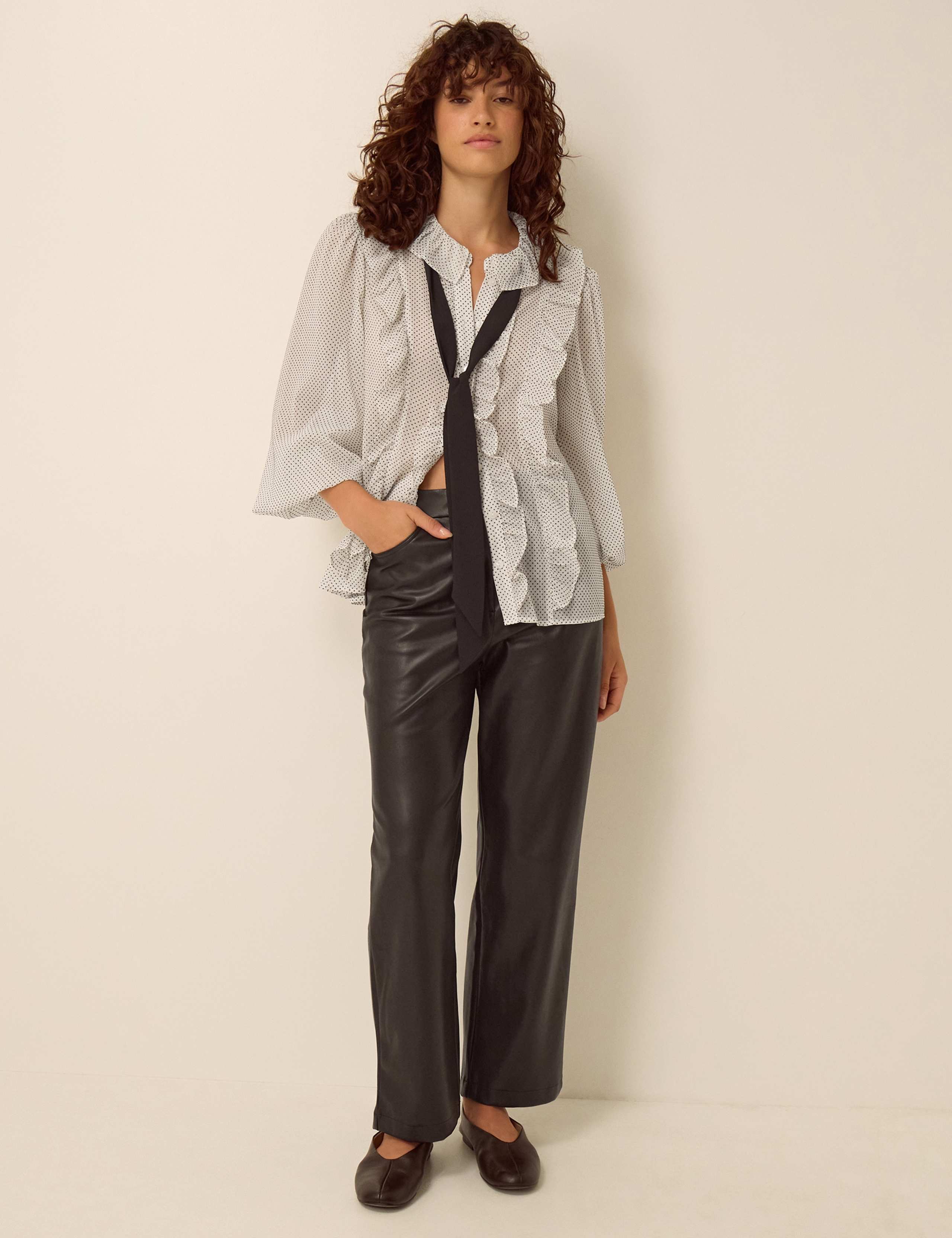 Polka Dot Collared Tie Neck Ruffle Blouse 2 of 5