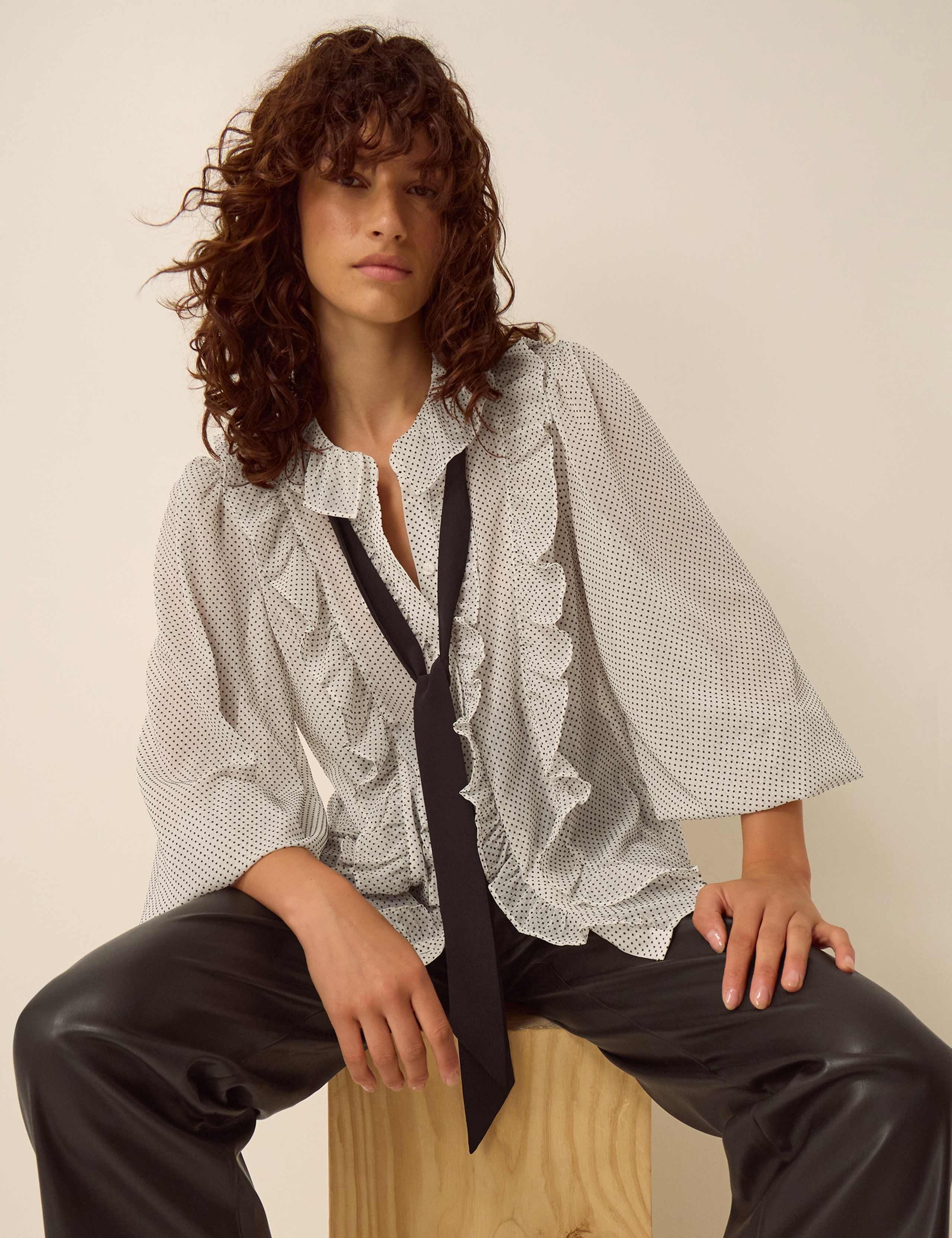 Polka Dot Collared Tie Neck Ruffle Blouse 3 of 5