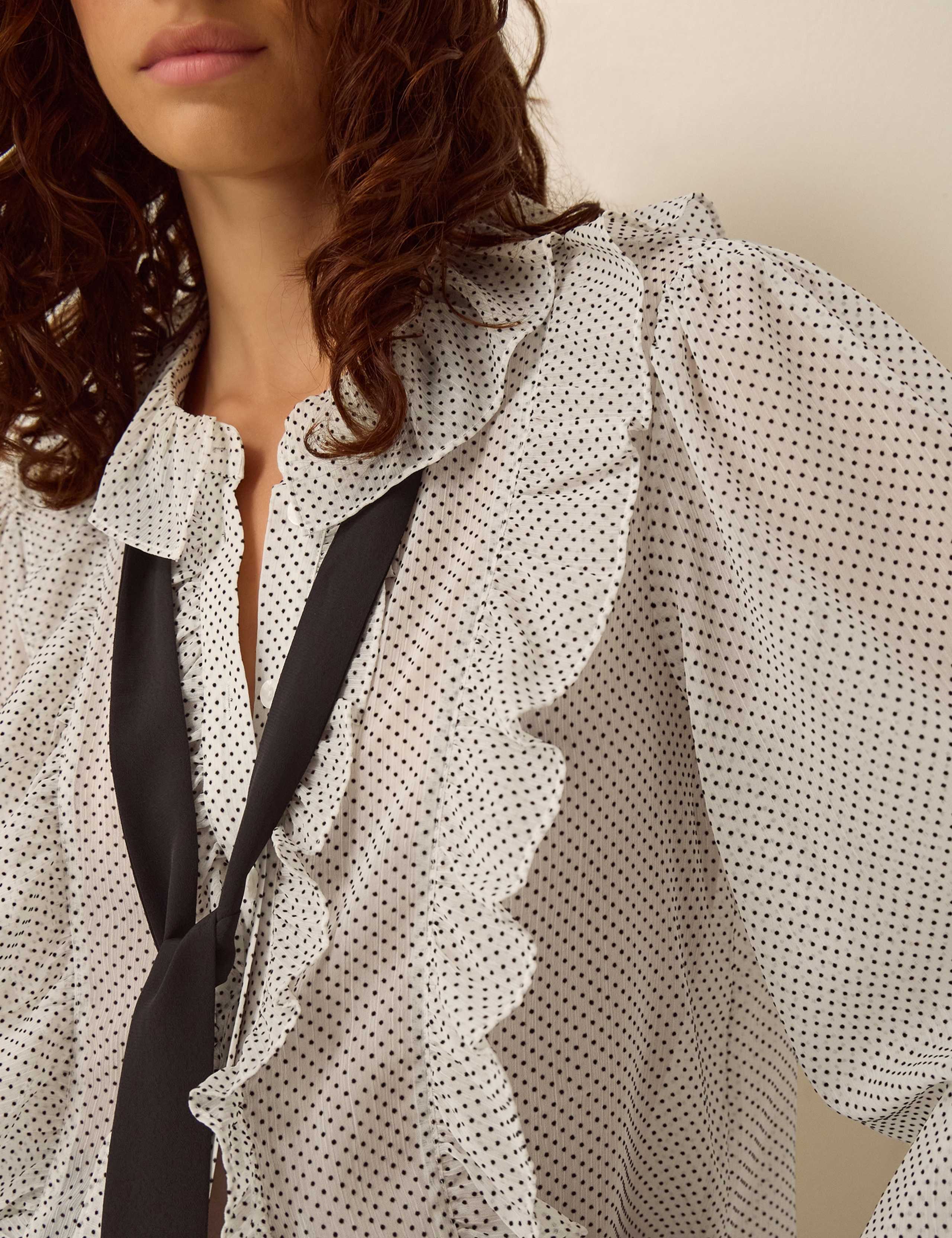 Polka Dot Collared Tie Neck Ruffle Blouse 4 of 5