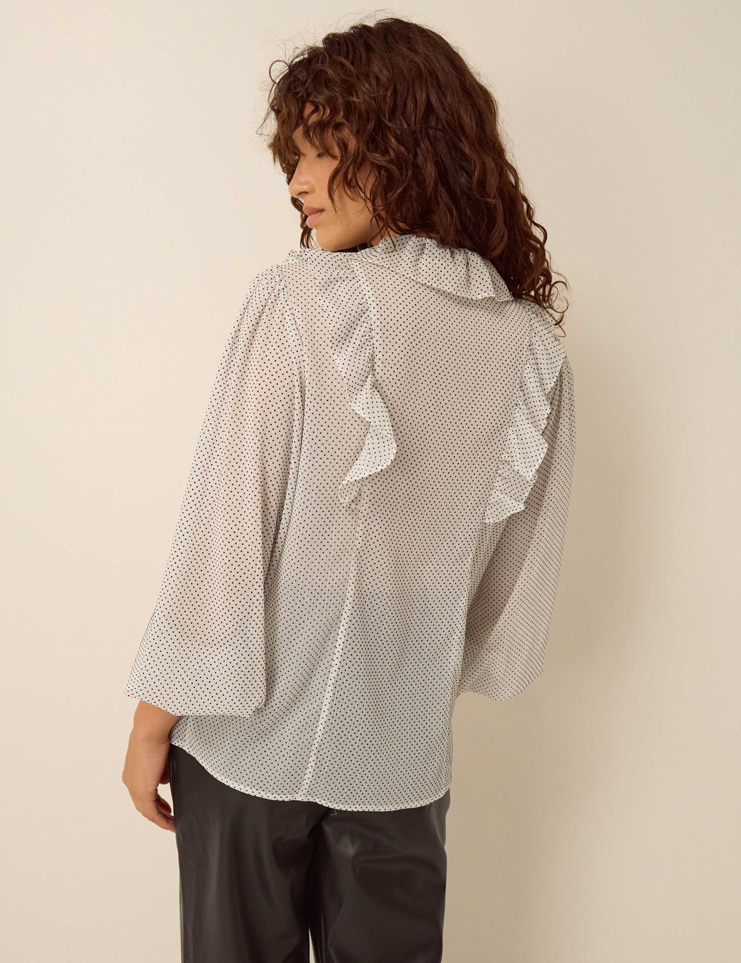 Polka Dot Collared Tie Neck Ruffle Blouse 5 of 5