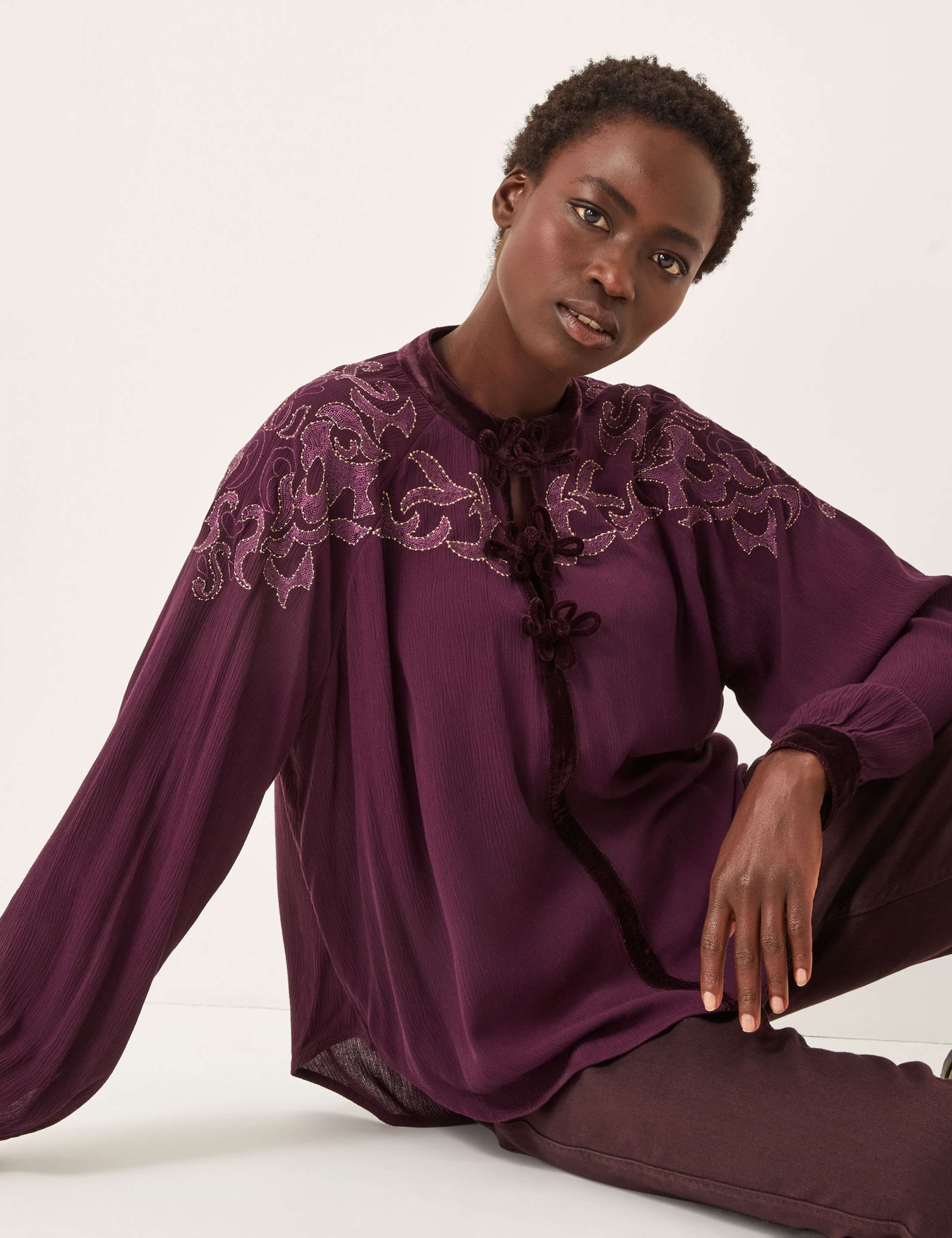 Embroidered Textured Button Detail Blouse 1 of 5