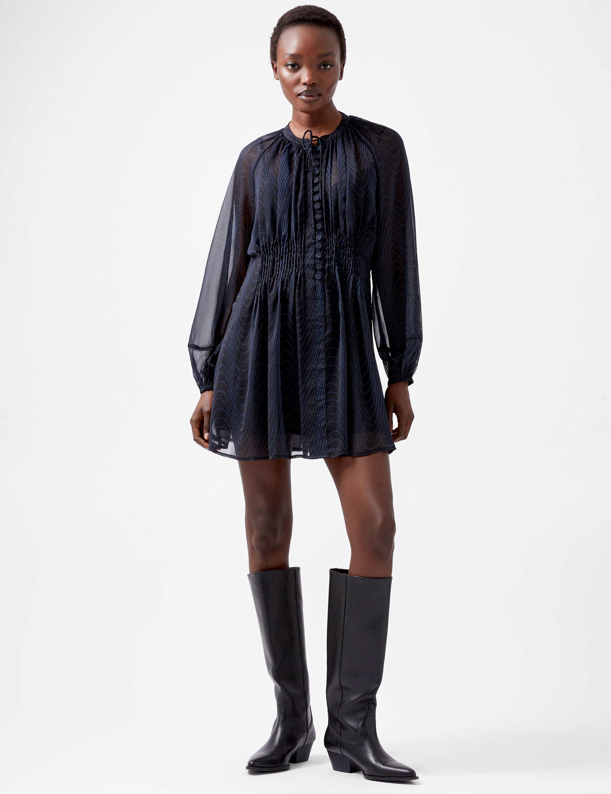 Sheer Printed Tie Neck Mini Swing Dress 1 of 3