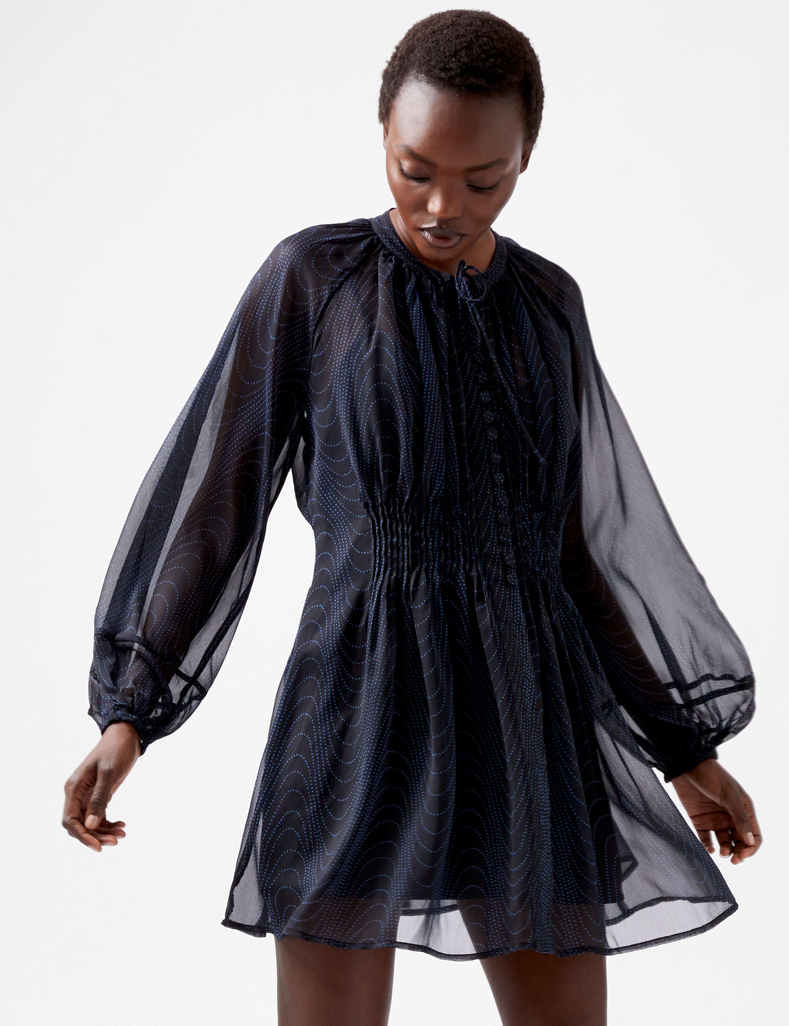 Sheer Printed Tie Neck Mini Swing Dress 3 of 3