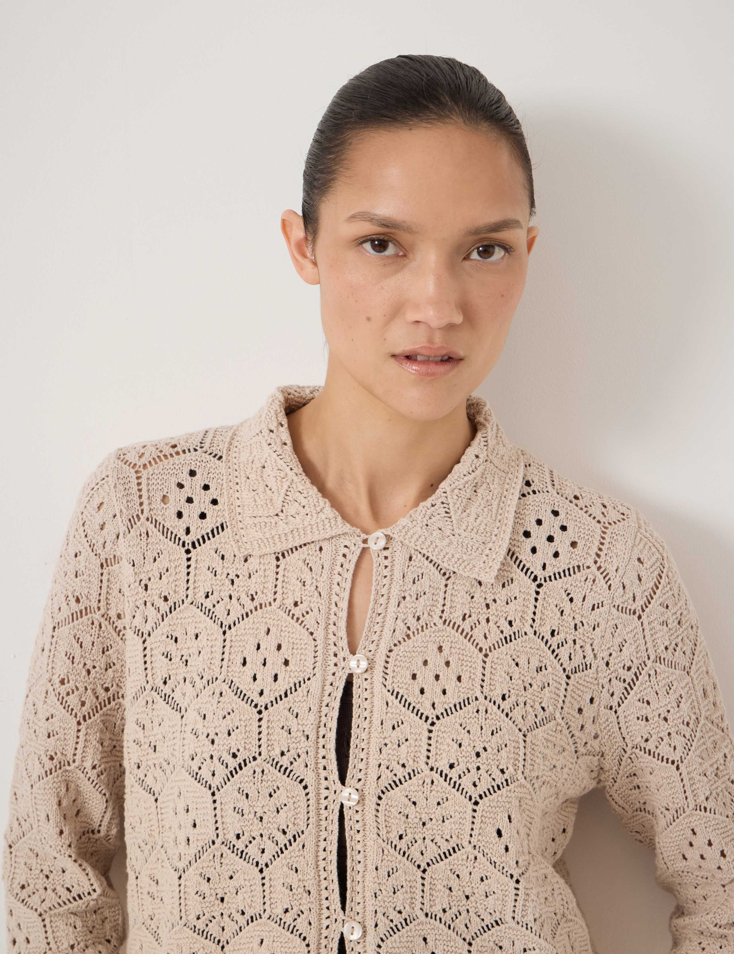 Pure Cotton Open Knit Collared Cardigan 5 of 5