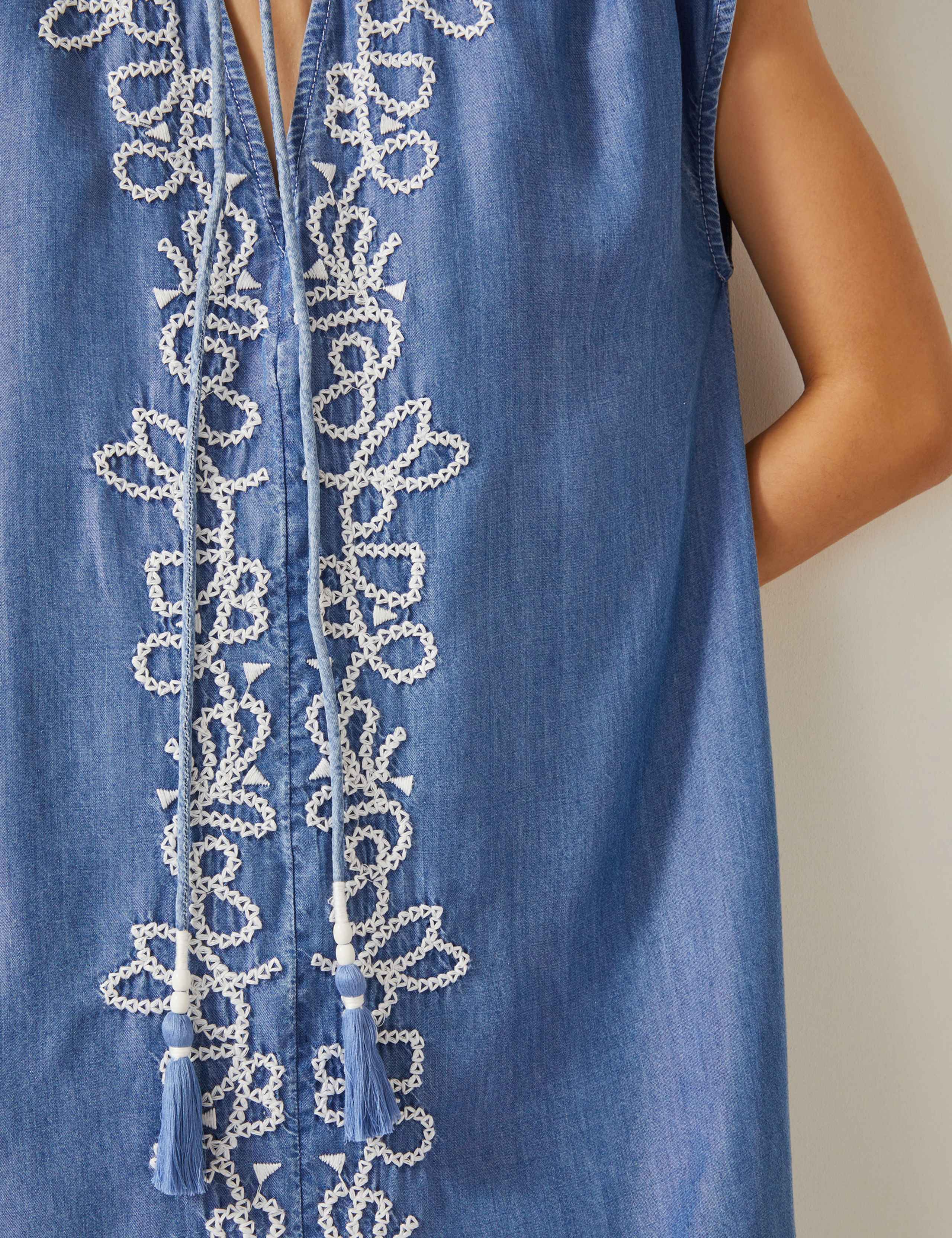 Pure Lyocell Embroidered Tie Neck Mini Dress 2 of 4