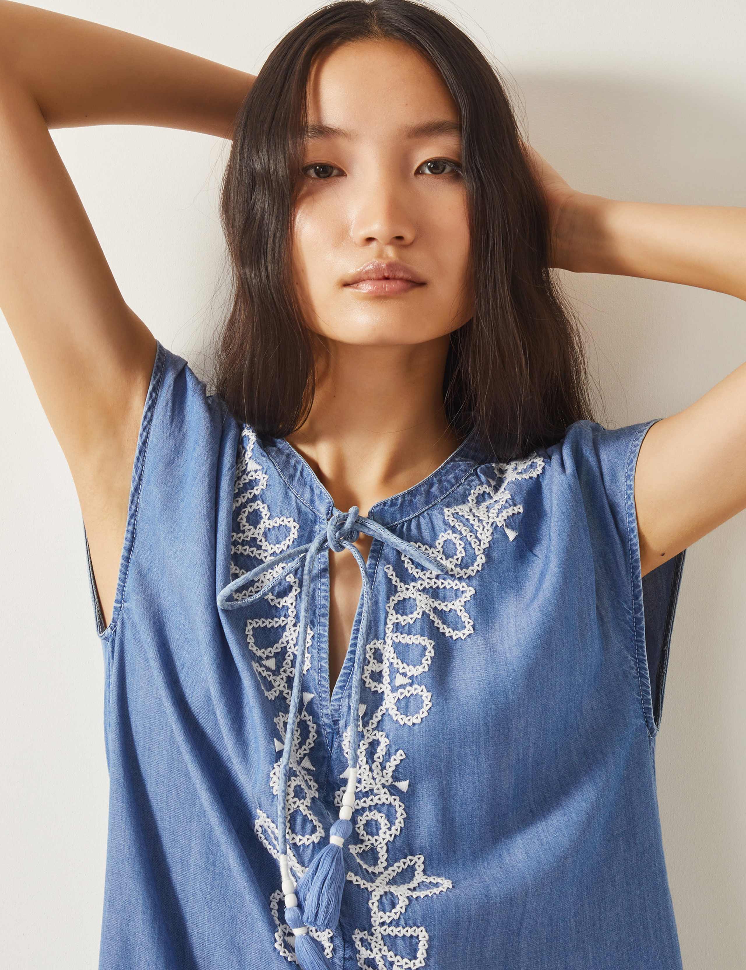 Pure Lyocell Embroidered Tie Neck Mini Dress 3 of 4