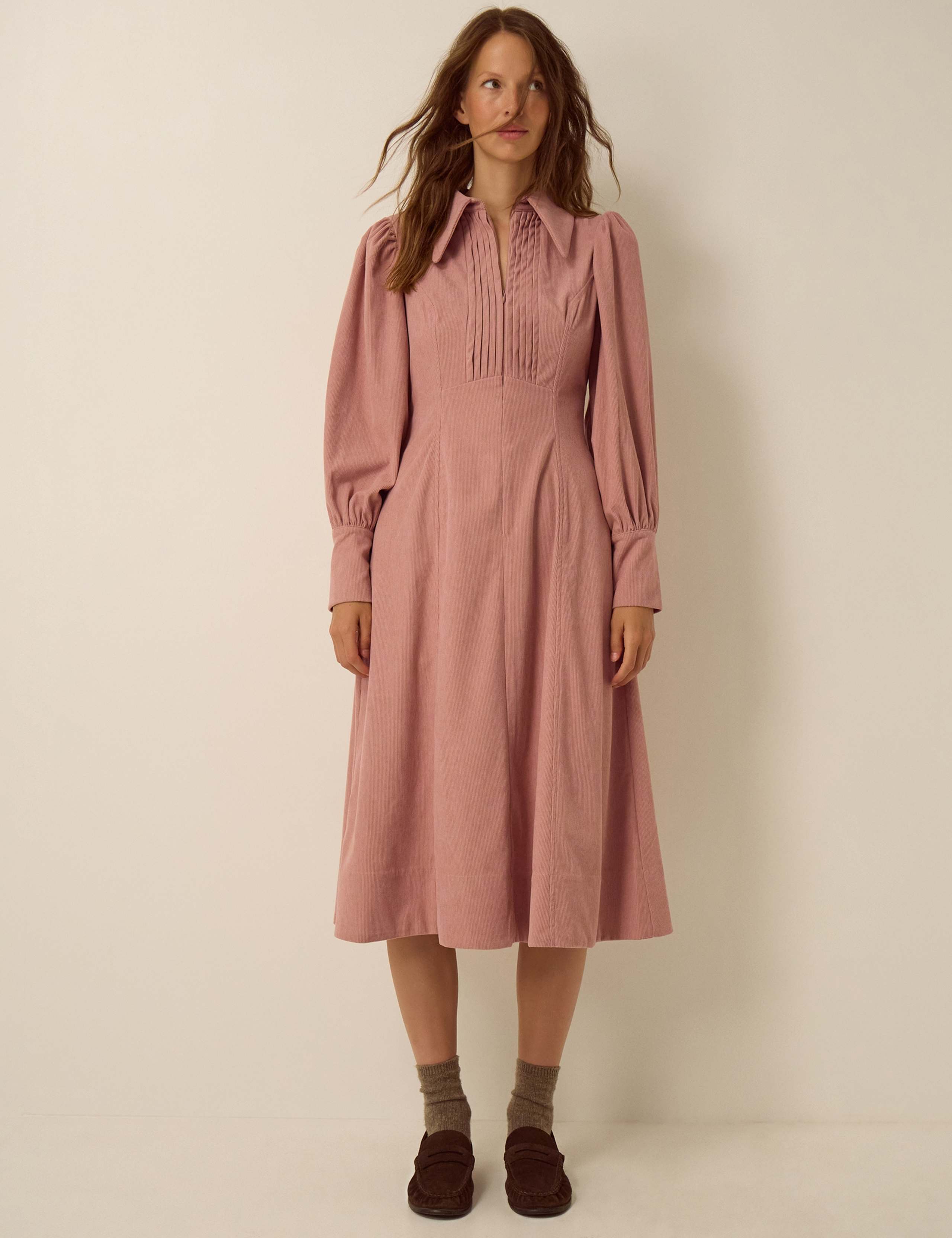 Cord Blouson Sleeve Midi Shirt Dress 2 of 5