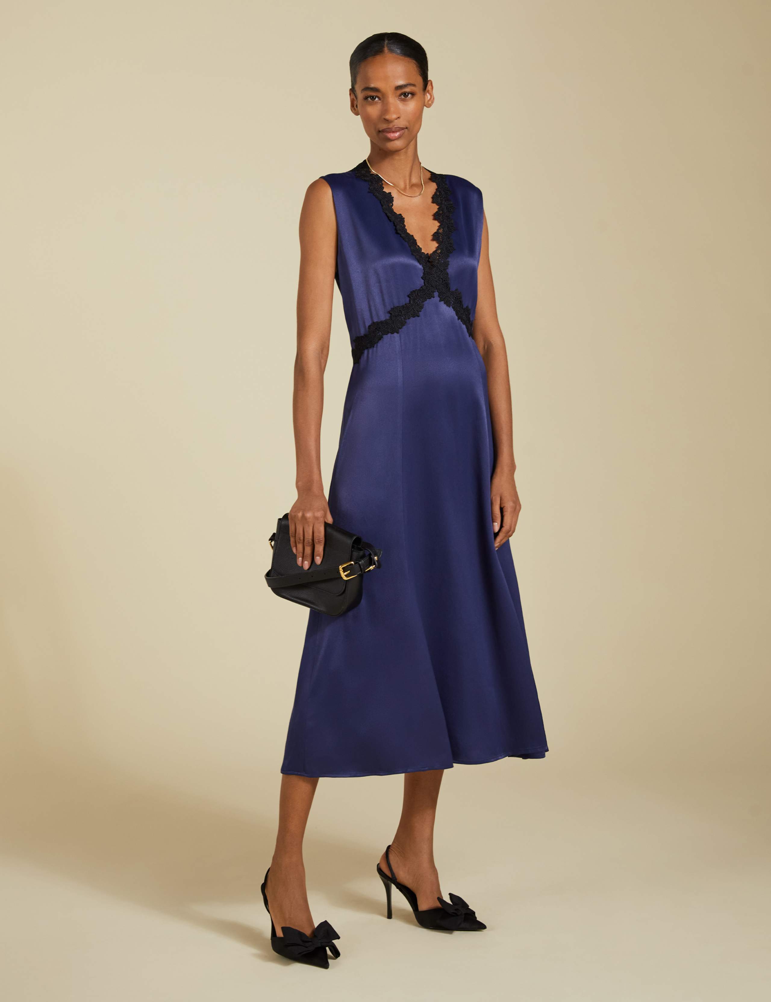 Satin V-Neck Midi Skater Dress 1 of 5