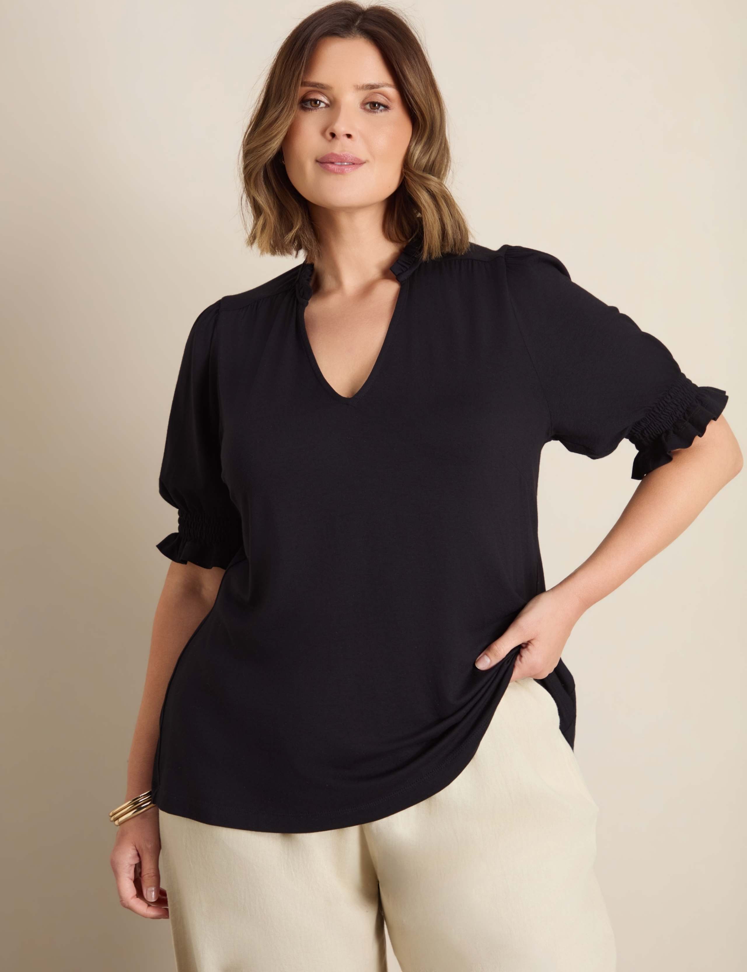 Jersey Shirred Sleeve V-Neck Top 1 of 4