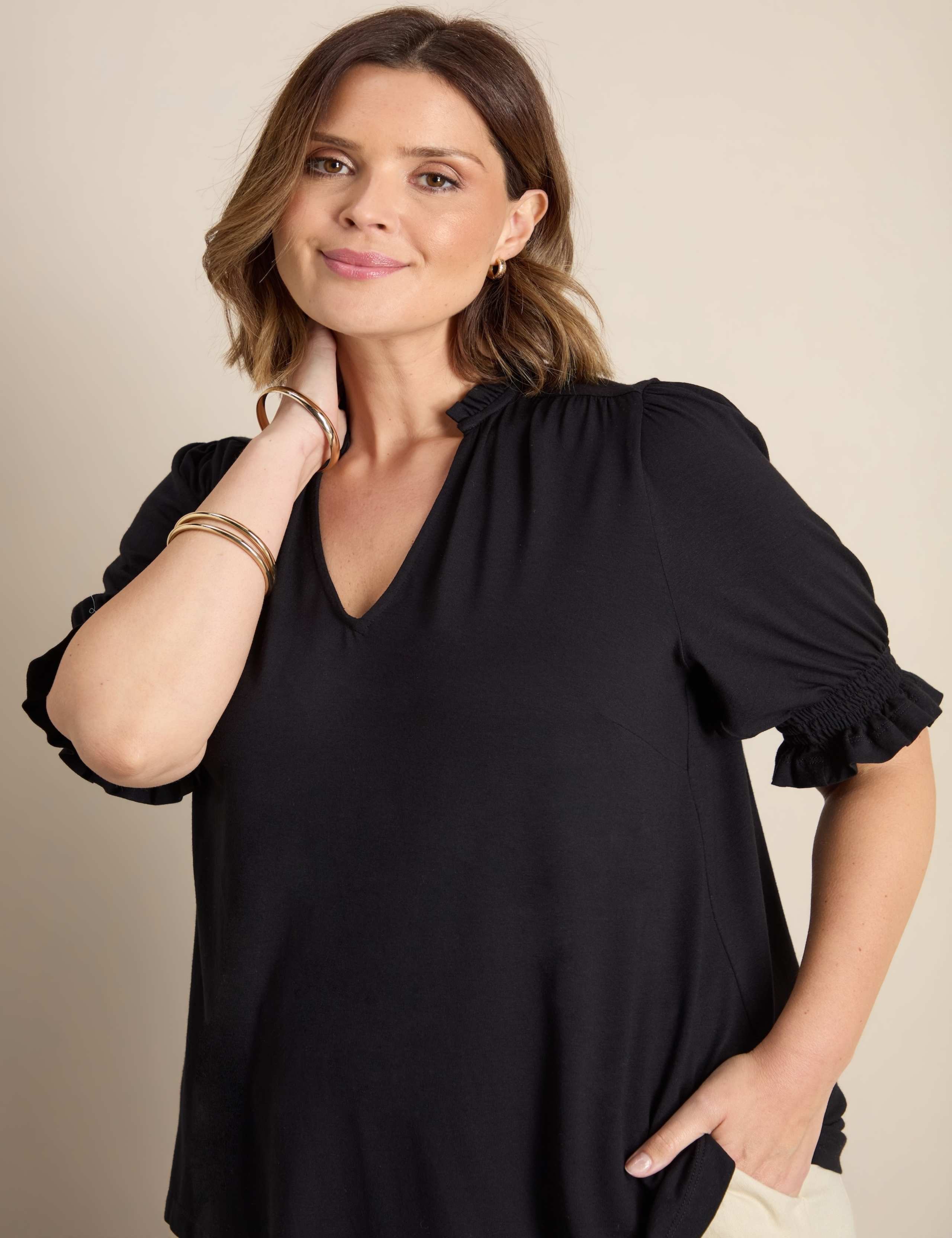 Jersey Shirred Sleeve V-Neck Top 2 of 4