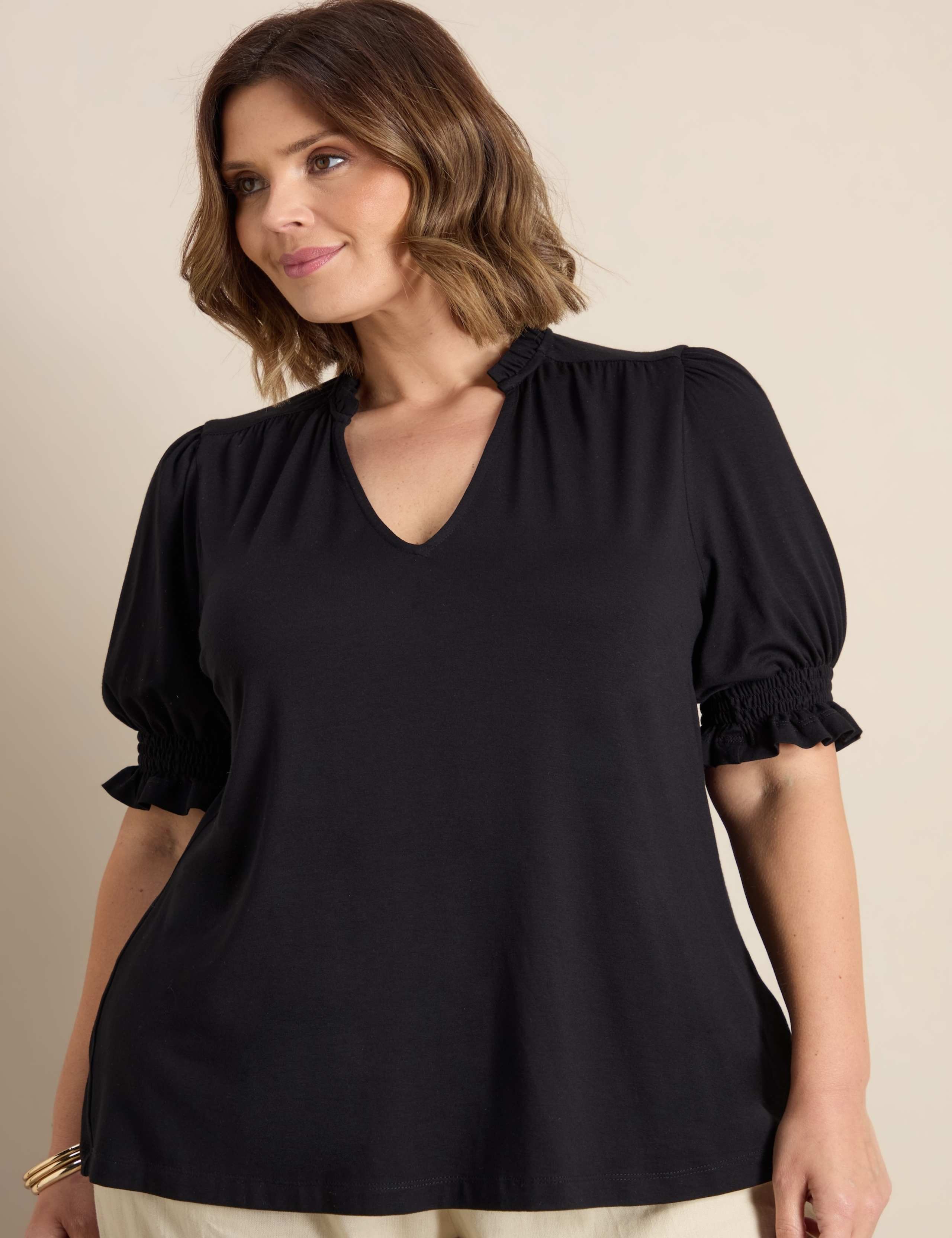 Jersey Shirred Sleeve V-Neck Top 3 of 4