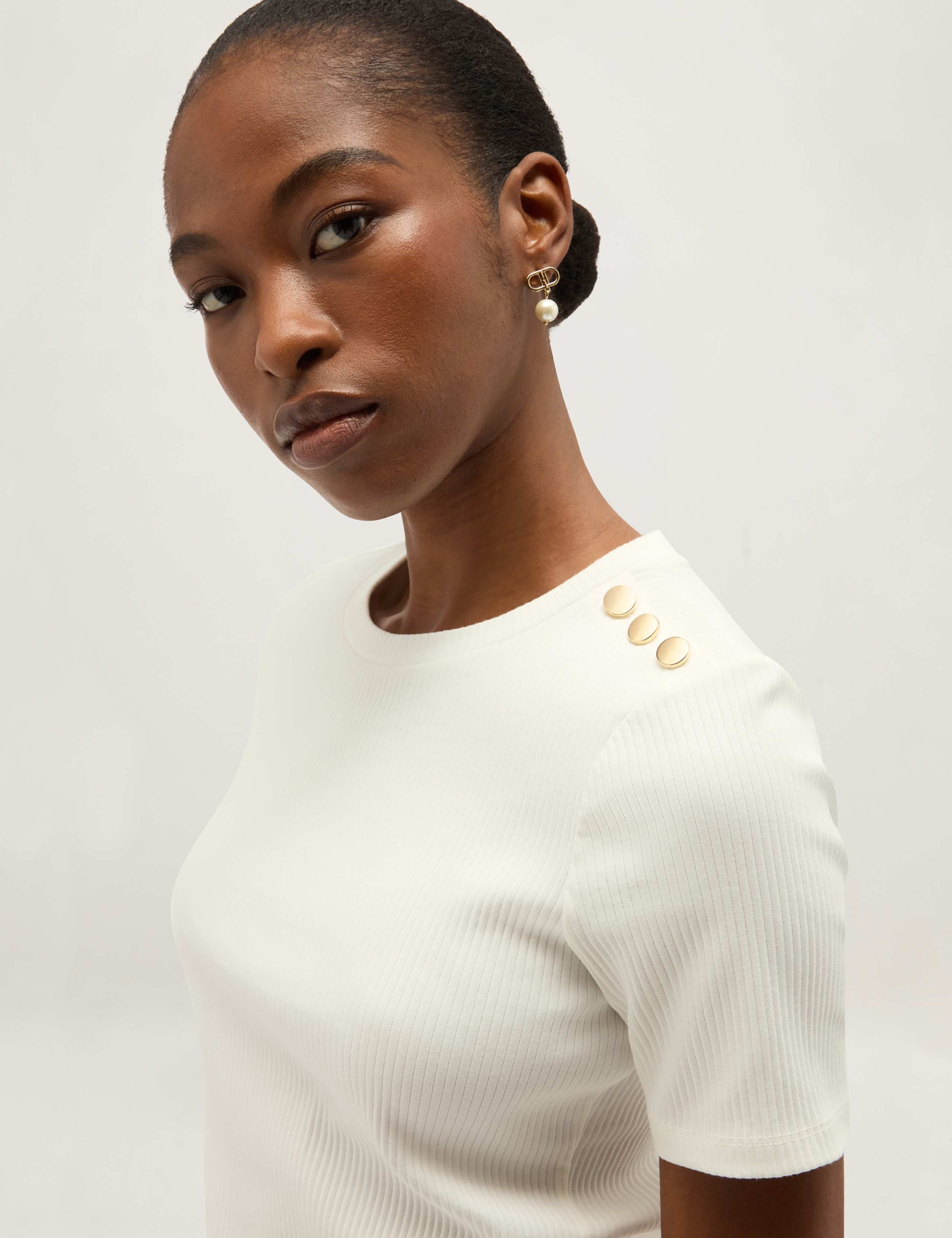 Cotton Rich Ribbed Button Detail T-Shirt 3 of 5