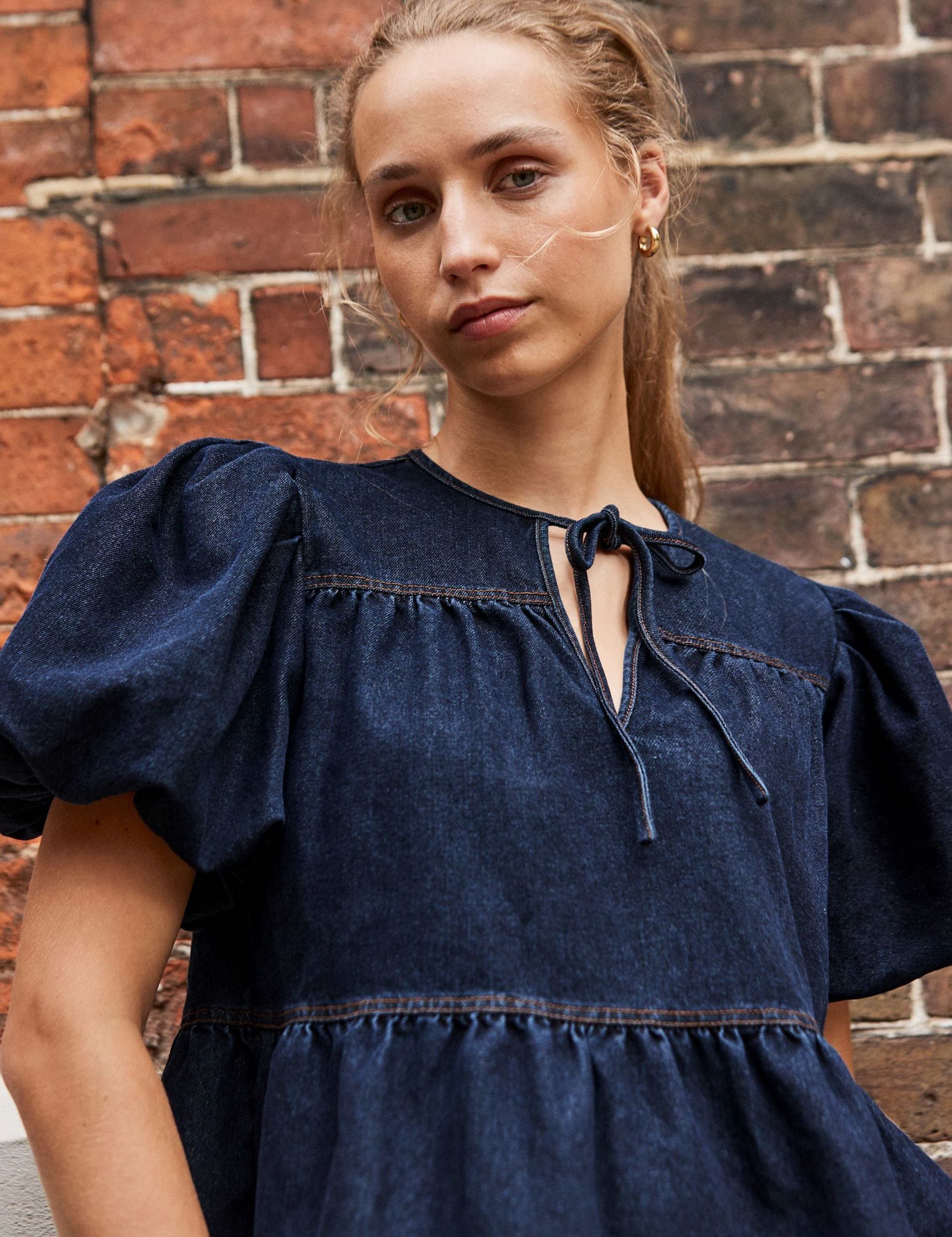 Denim Puff Sleeve Tie Neck Blouse 3 of 5