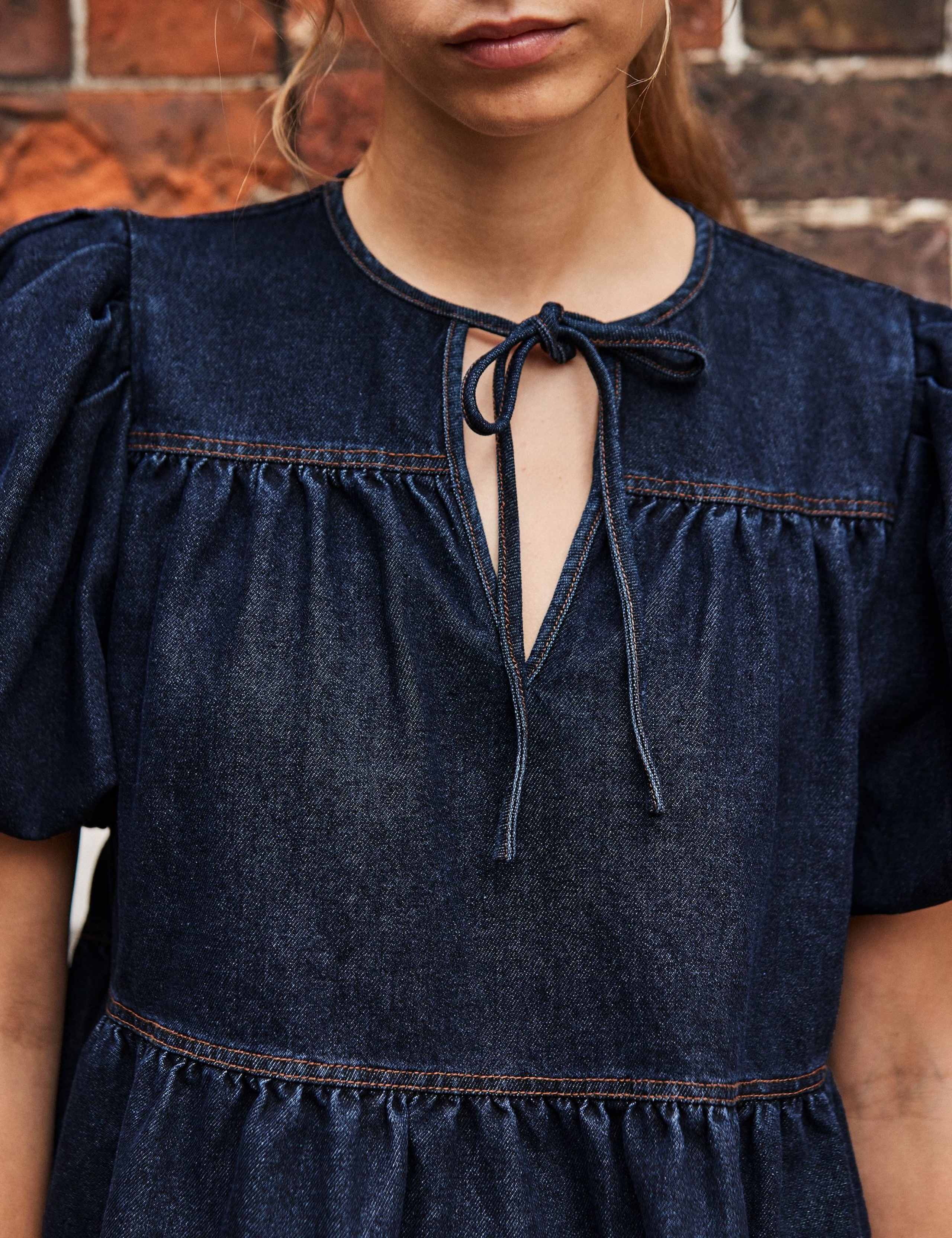Denim Puff Sleeve Tie Neck Blouse 4 of 5
