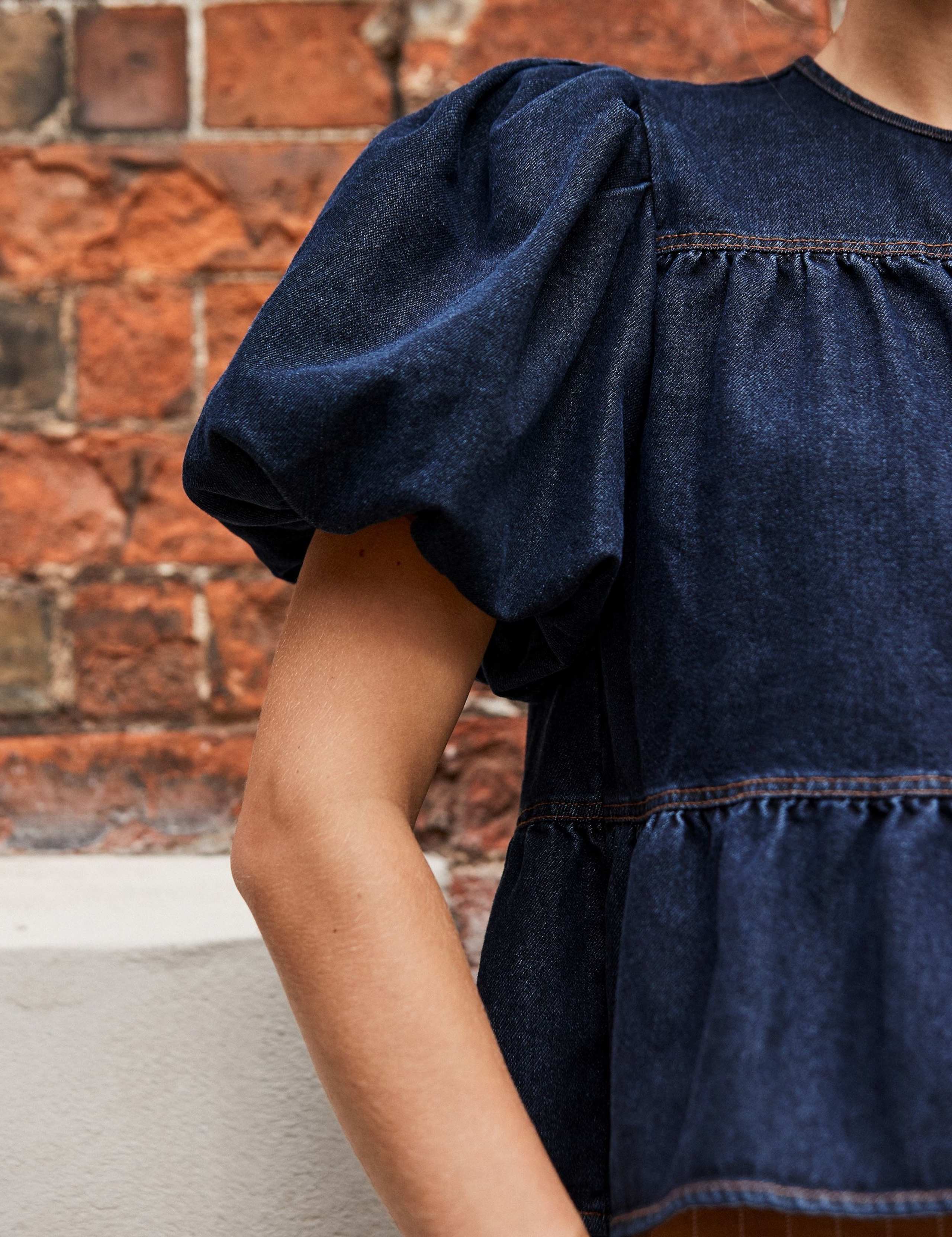 Denim Puff Sleeve Tie Neck Blouse 5 of 5