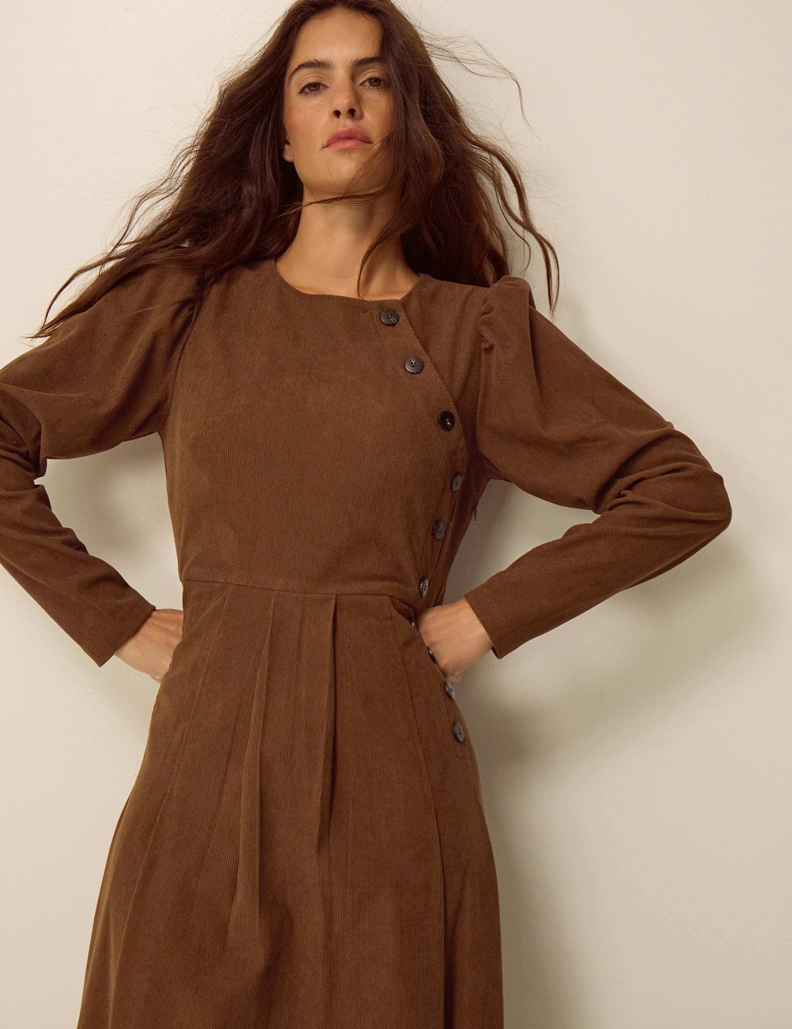 Cord Button Detail Midi Skater Dress 2 of 4