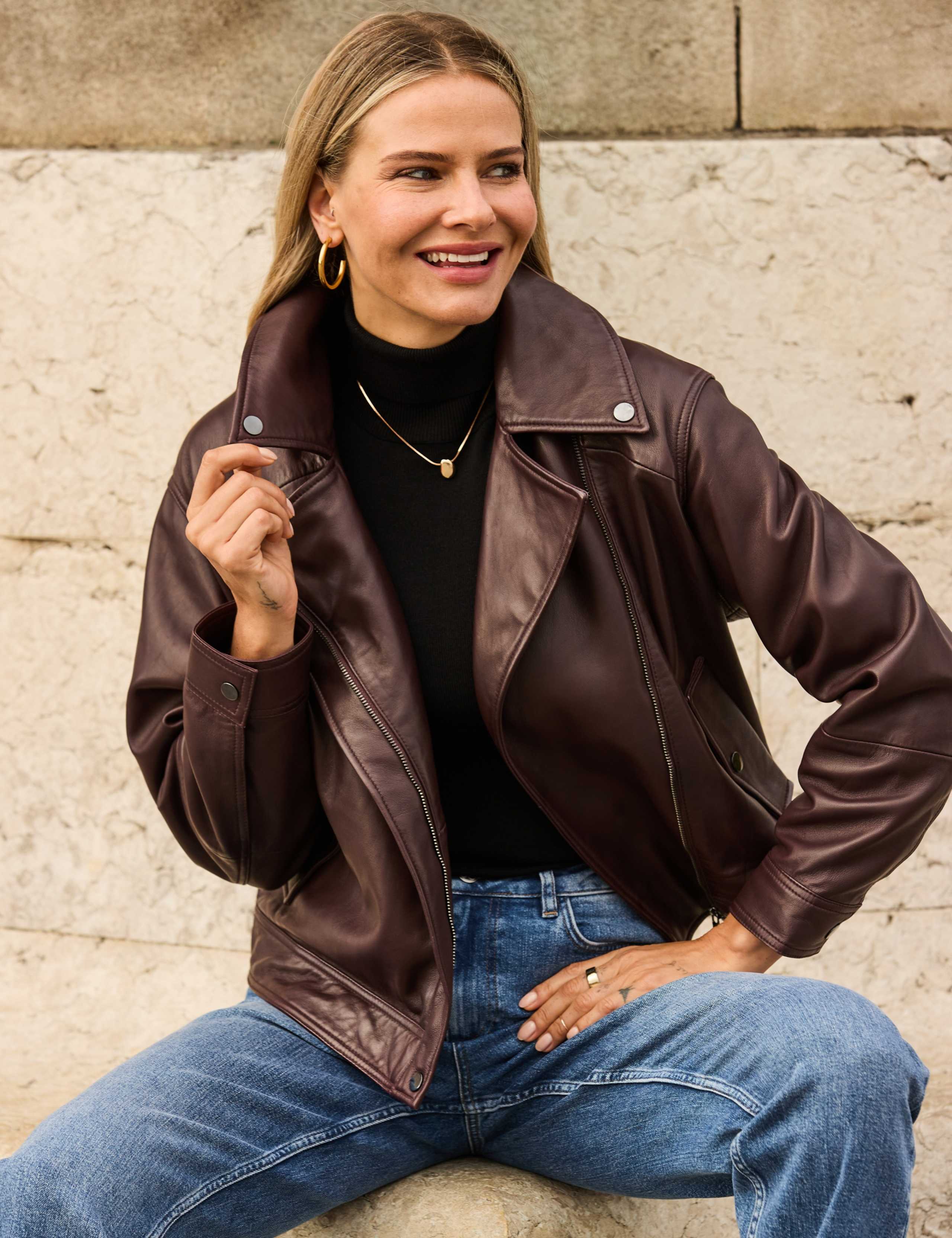Leather Relaxed Biker Jacket 1 of 9