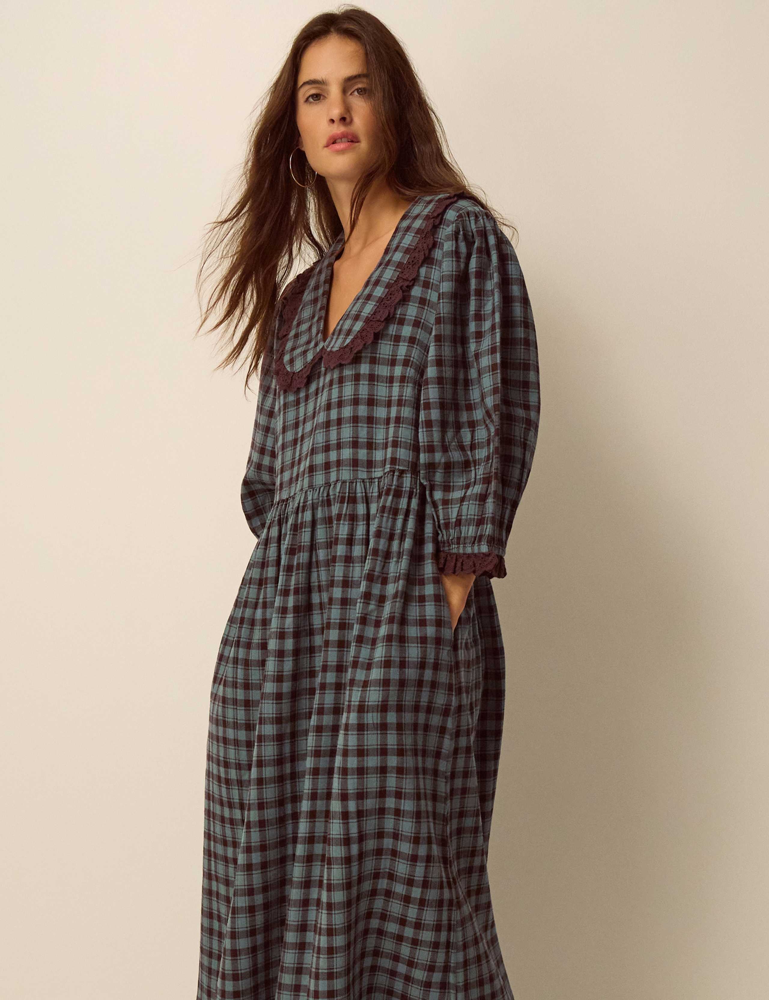 Checked V-Neck Puff Sleeve Midi Skater Dress 2 of 4
