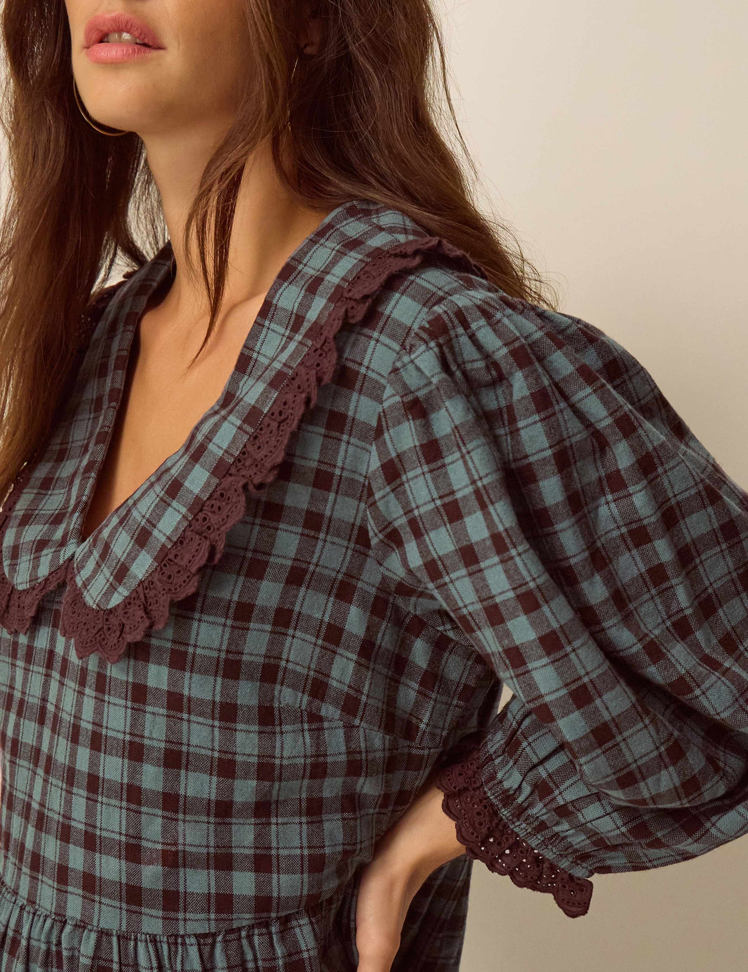 Checked V-Neck Puff Sleeve Midi Skater Dress 3 of 4