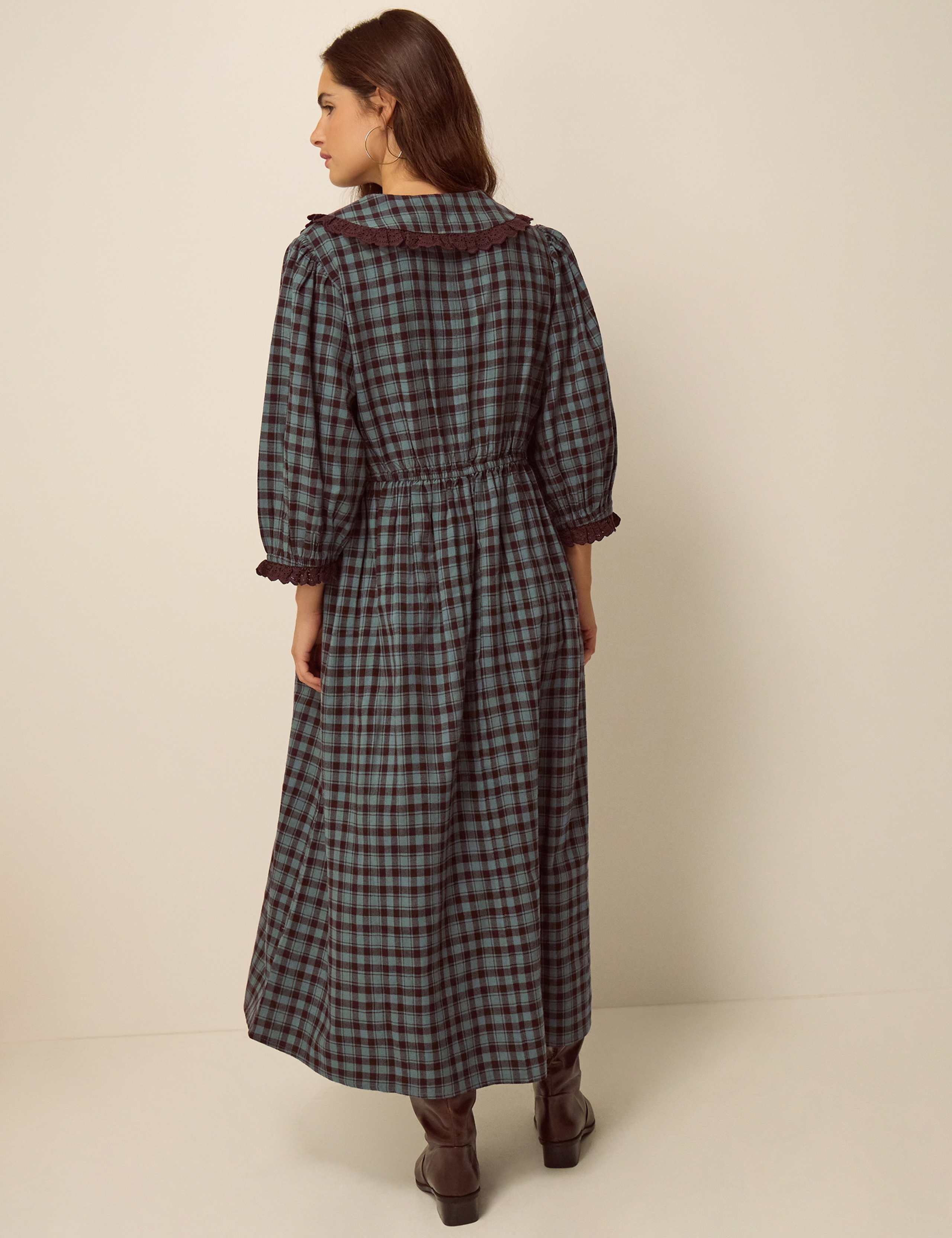 Checked V-Neck Puff Sleeve Midi Skater Dress 4 of 4