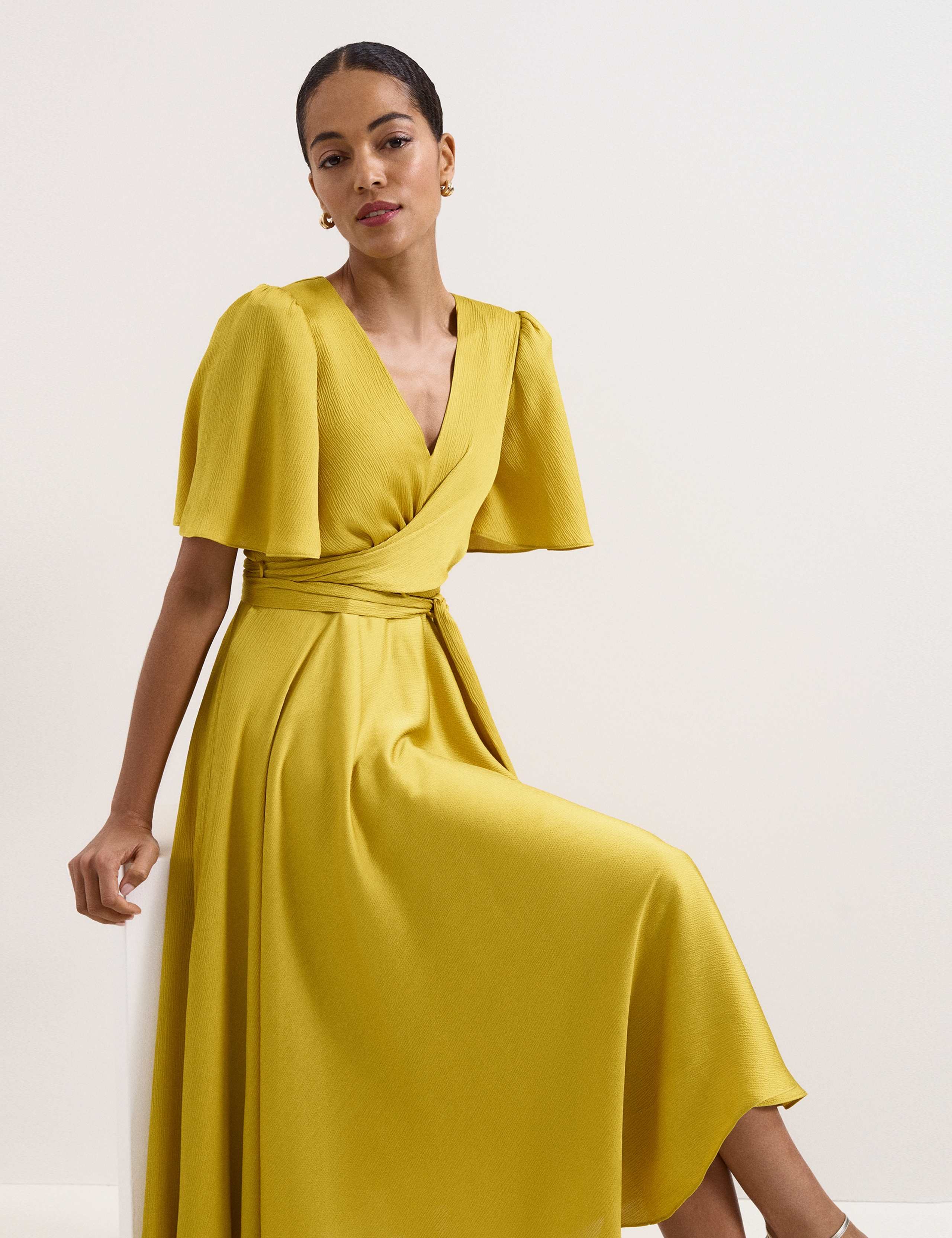 V-Neck Angel Sleeve Midi Wrap Dress 3 of 8