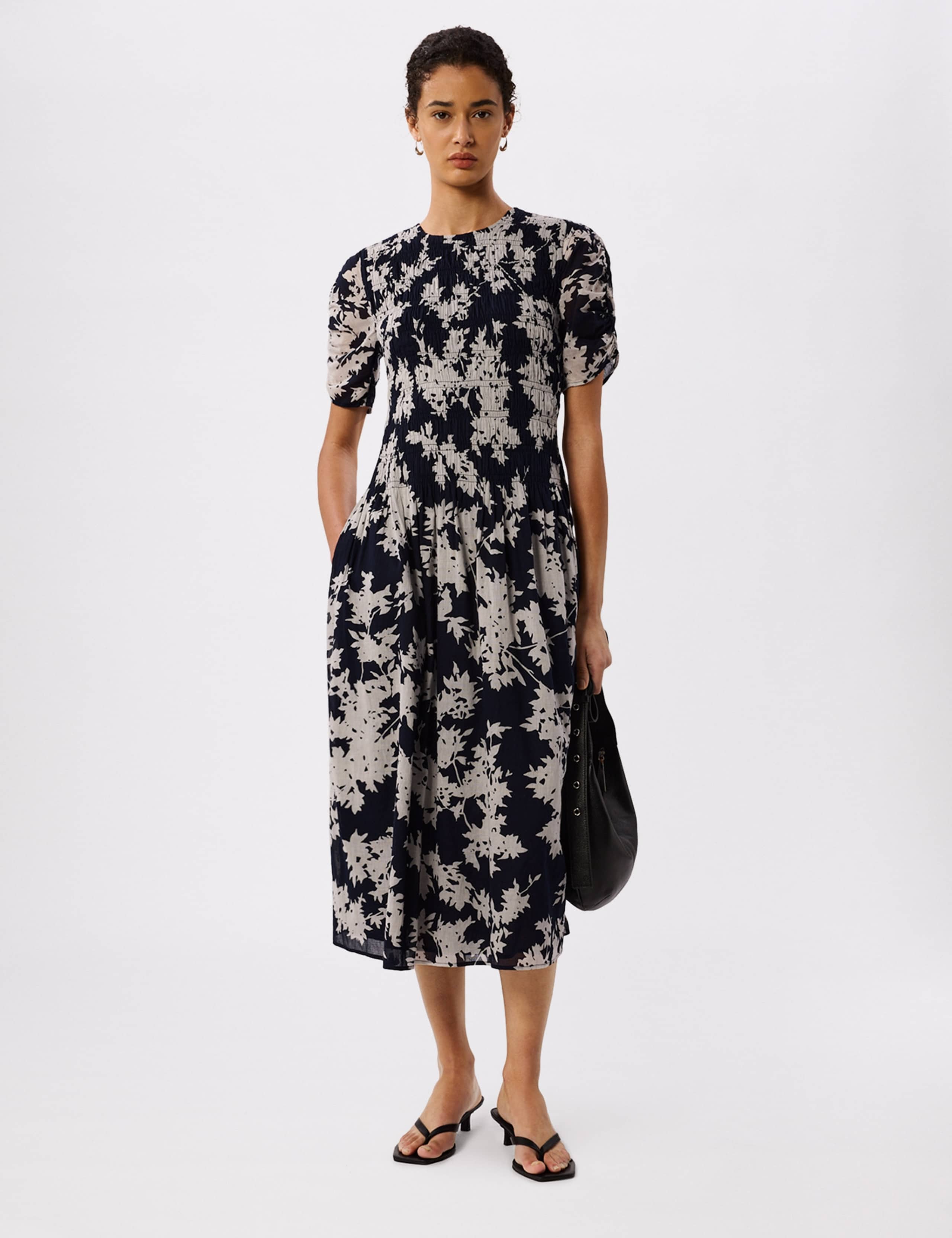 Pure Cotton Printed Midi Shirred Dress 1 of 6
