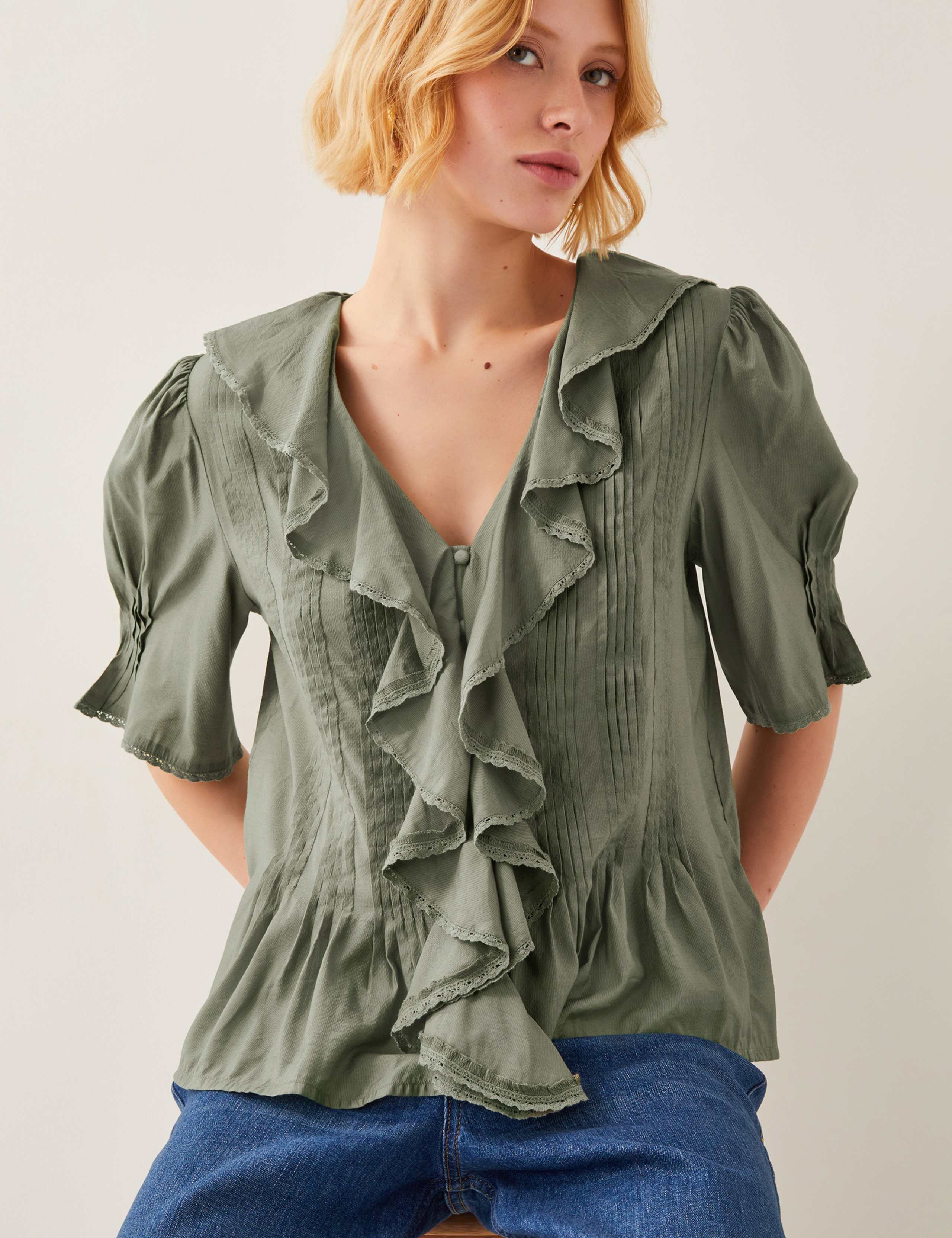 V-Neck Frill Detail Pintuck Blouse 2 of 4