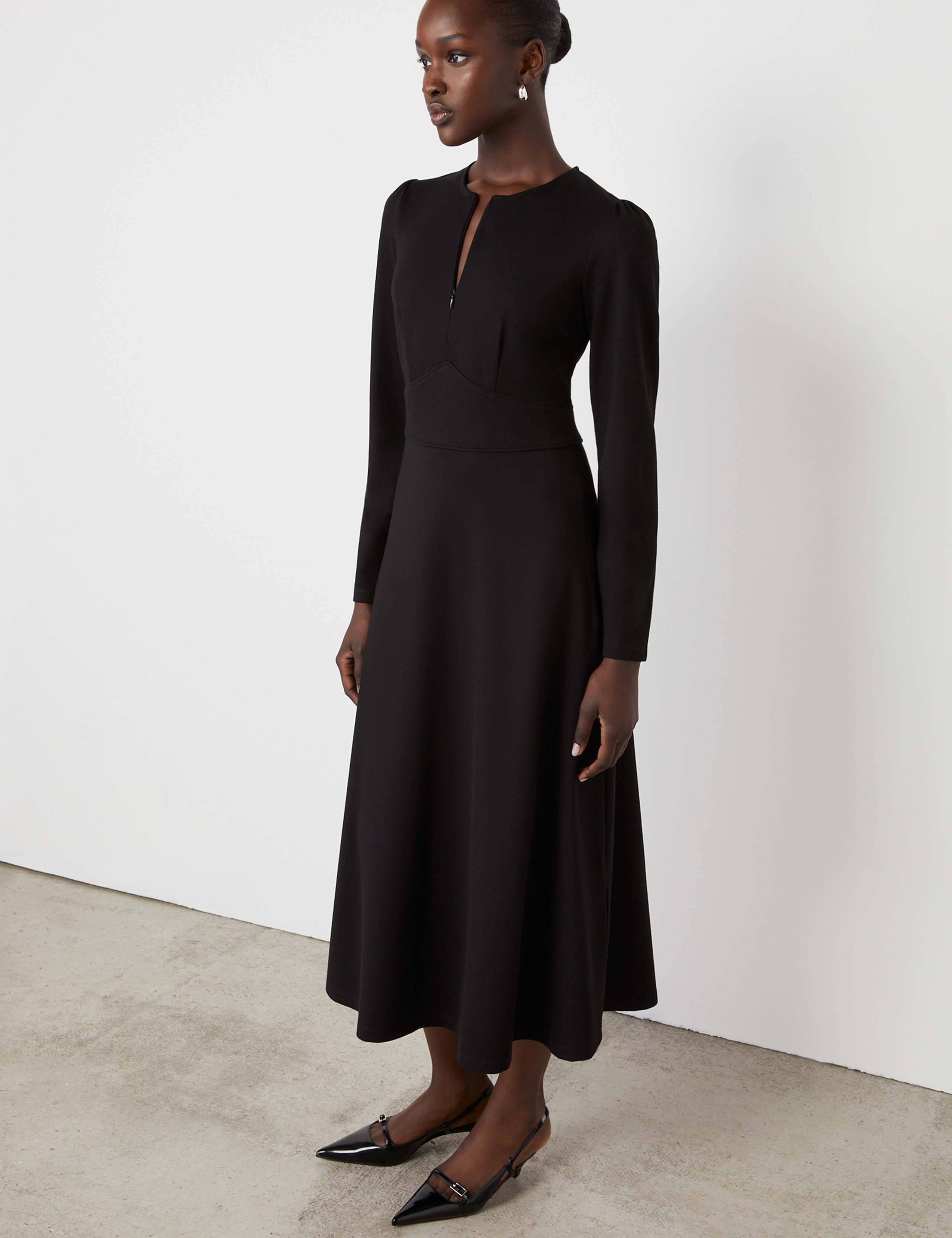 Ponte Jersey Zip Neck Midi Waisted Dress 2 of 4