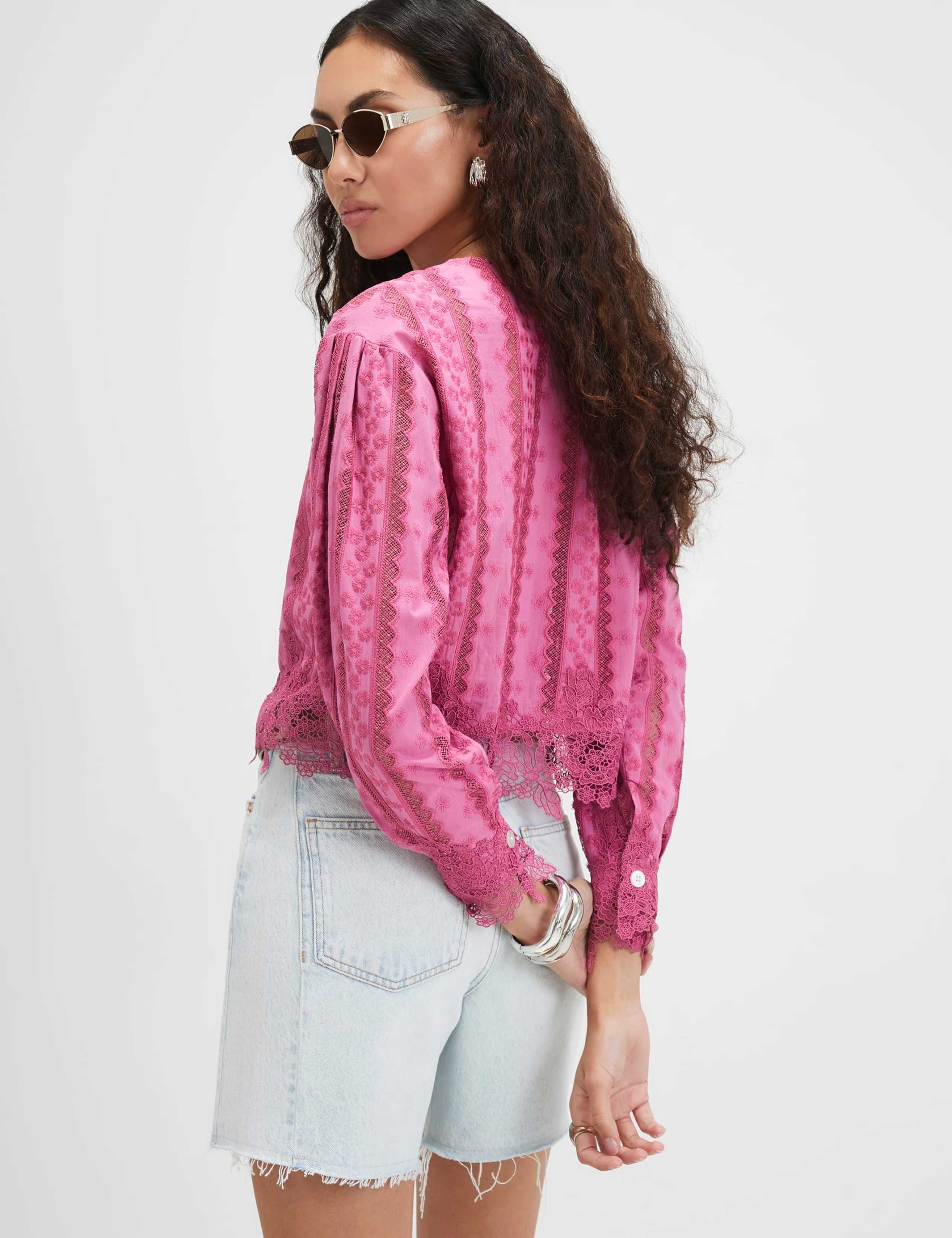 Cotton Blend Lace Trim Button Through Blouse 3 of 6