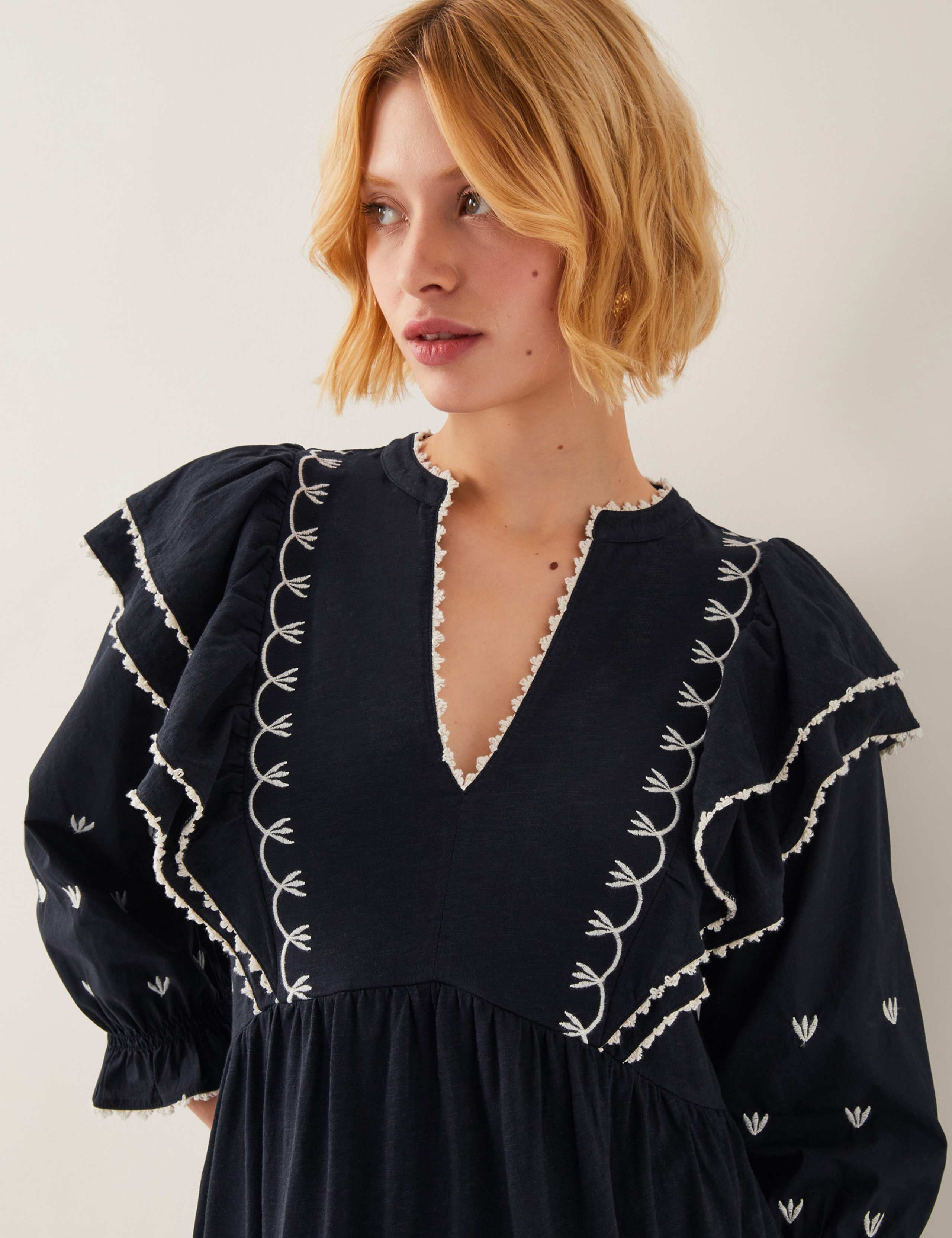 Pure Cotton Embroidered V-Neck Midi Tea Dress 2 of 4