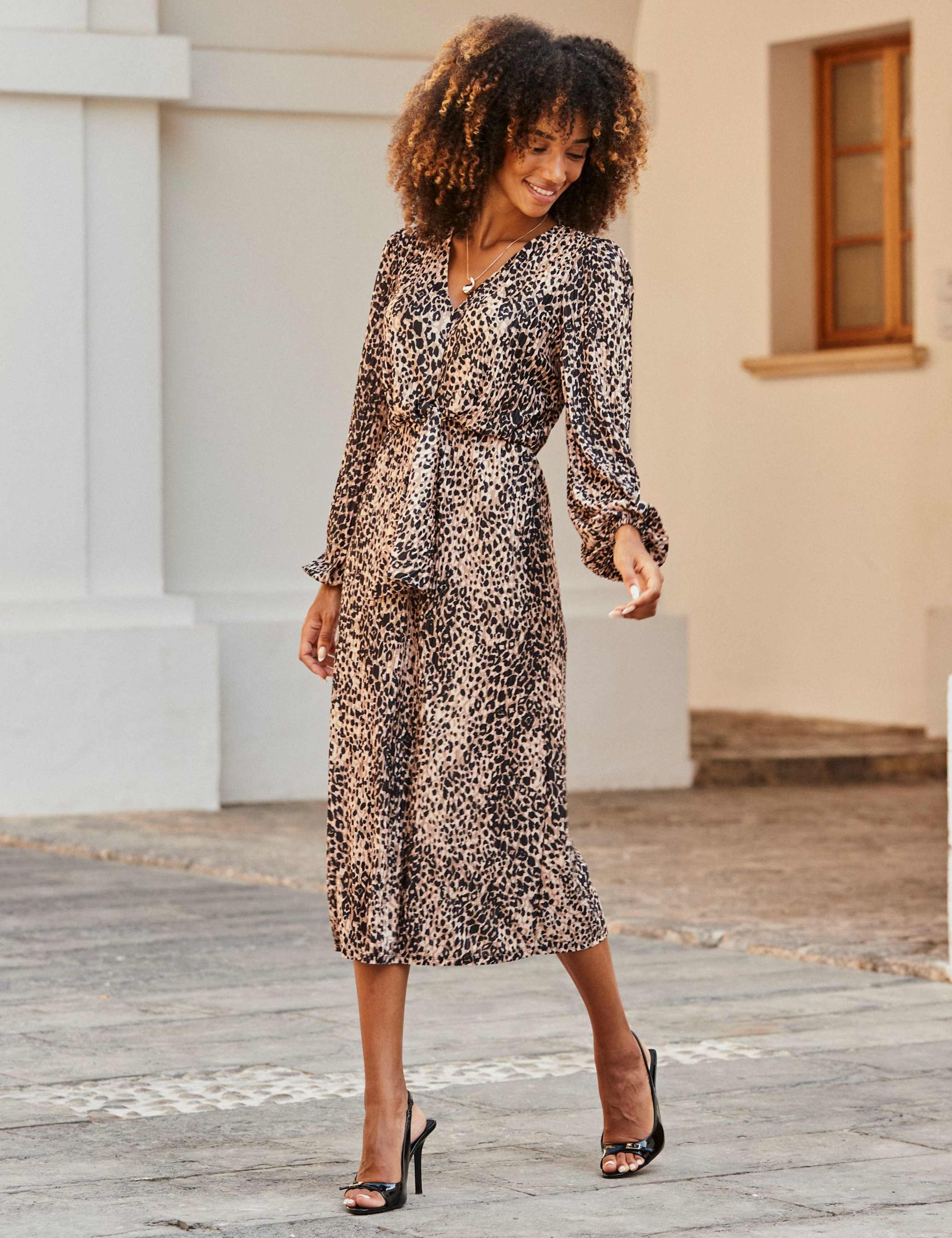 Animal Print Plisse V-Neck Midi Waisted Dress 3 of 6