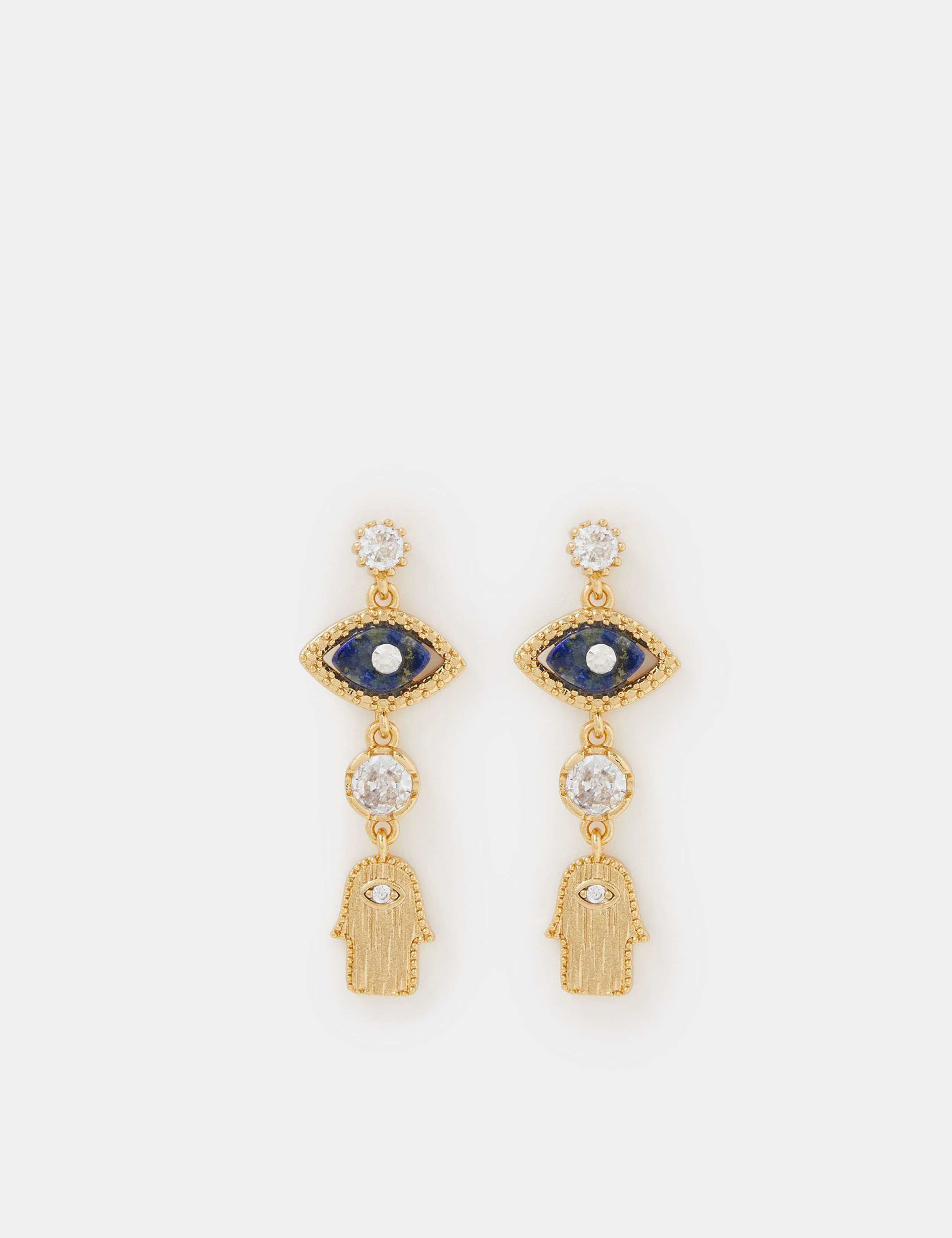Gold Plated 14ct Evil Eye and Hamsa Drop Earrings 1 of 2