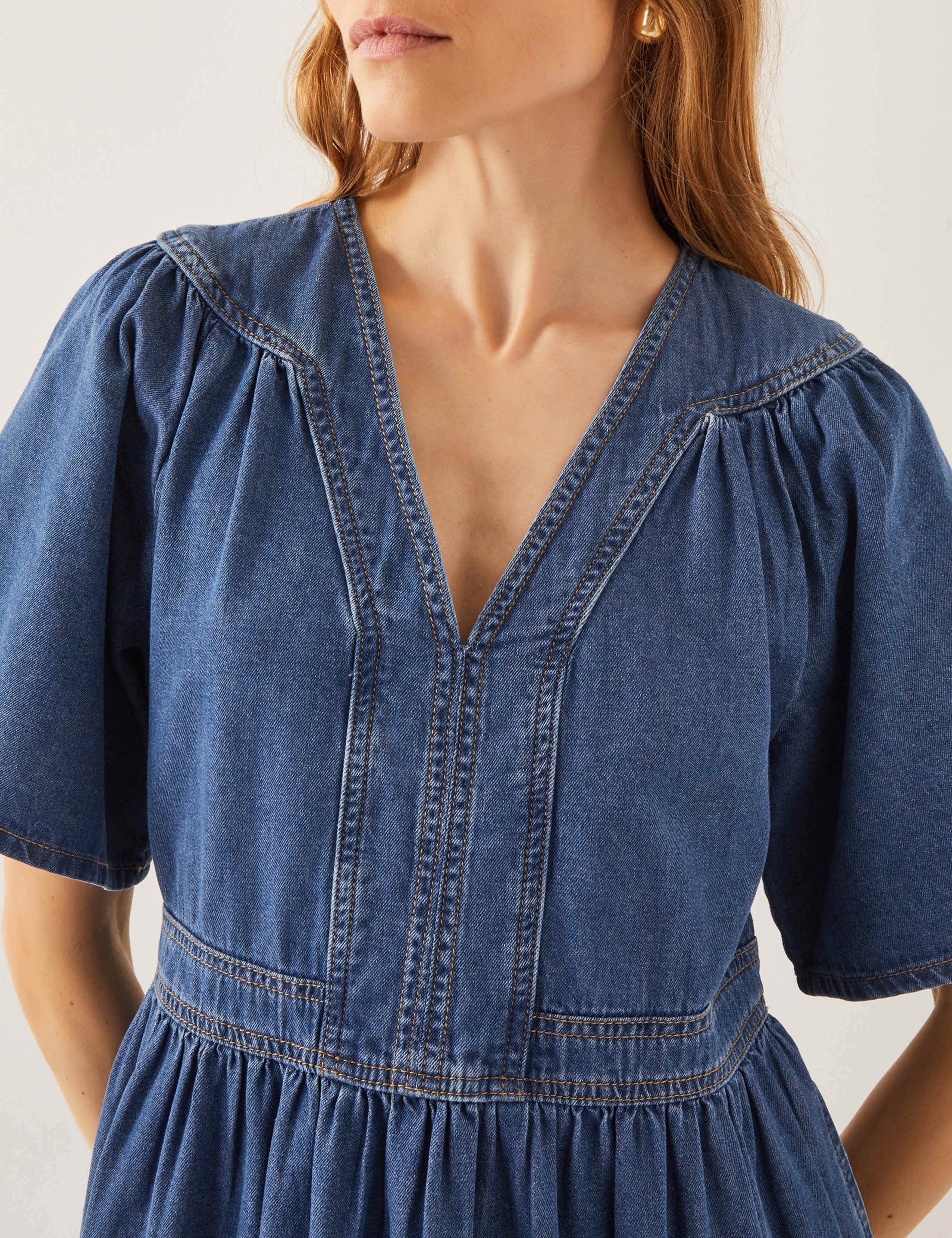 Denim V-Neck Midi Skater Dress 2 of 5
