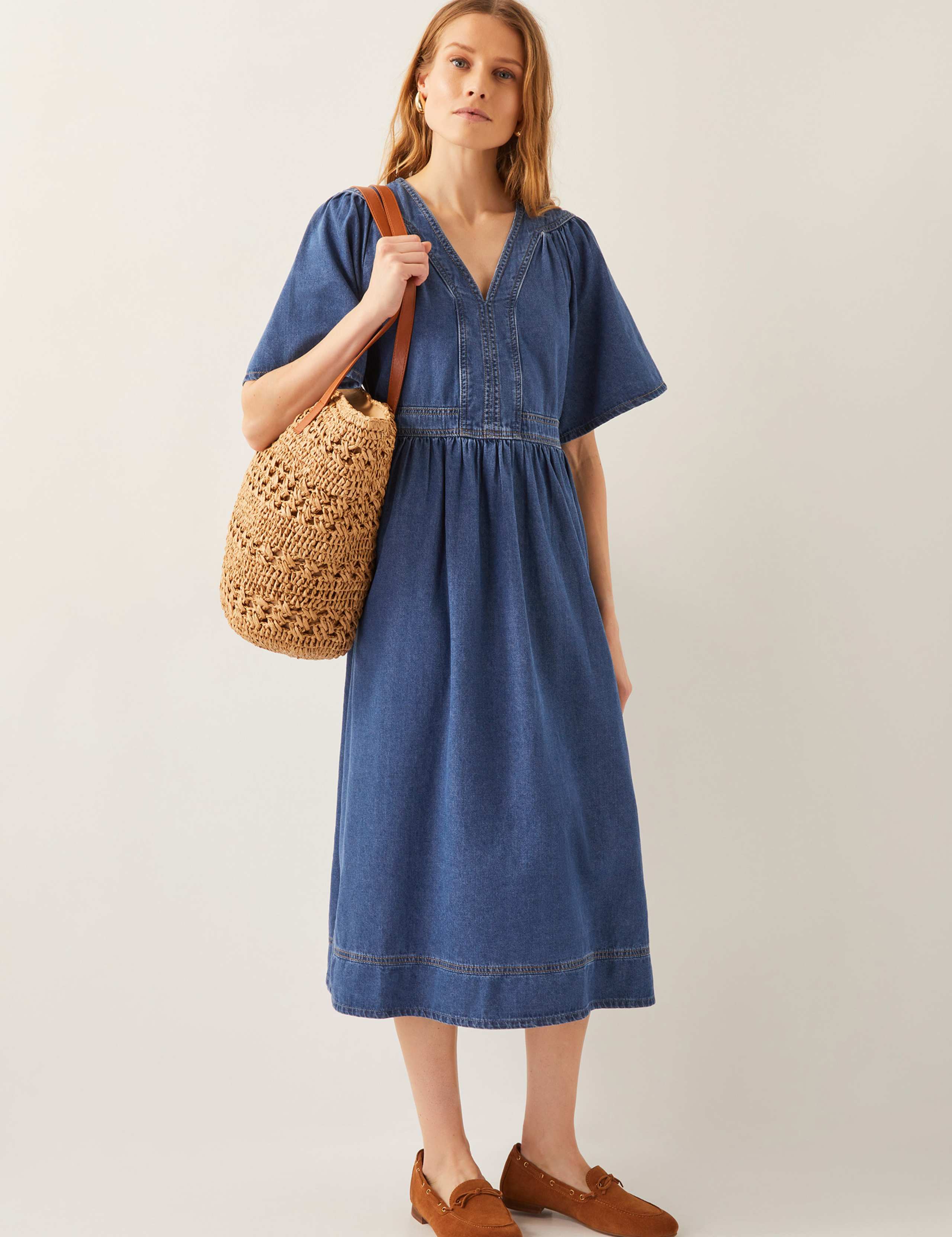 Denim V-Neck Midi Skater Dress 4 of 5