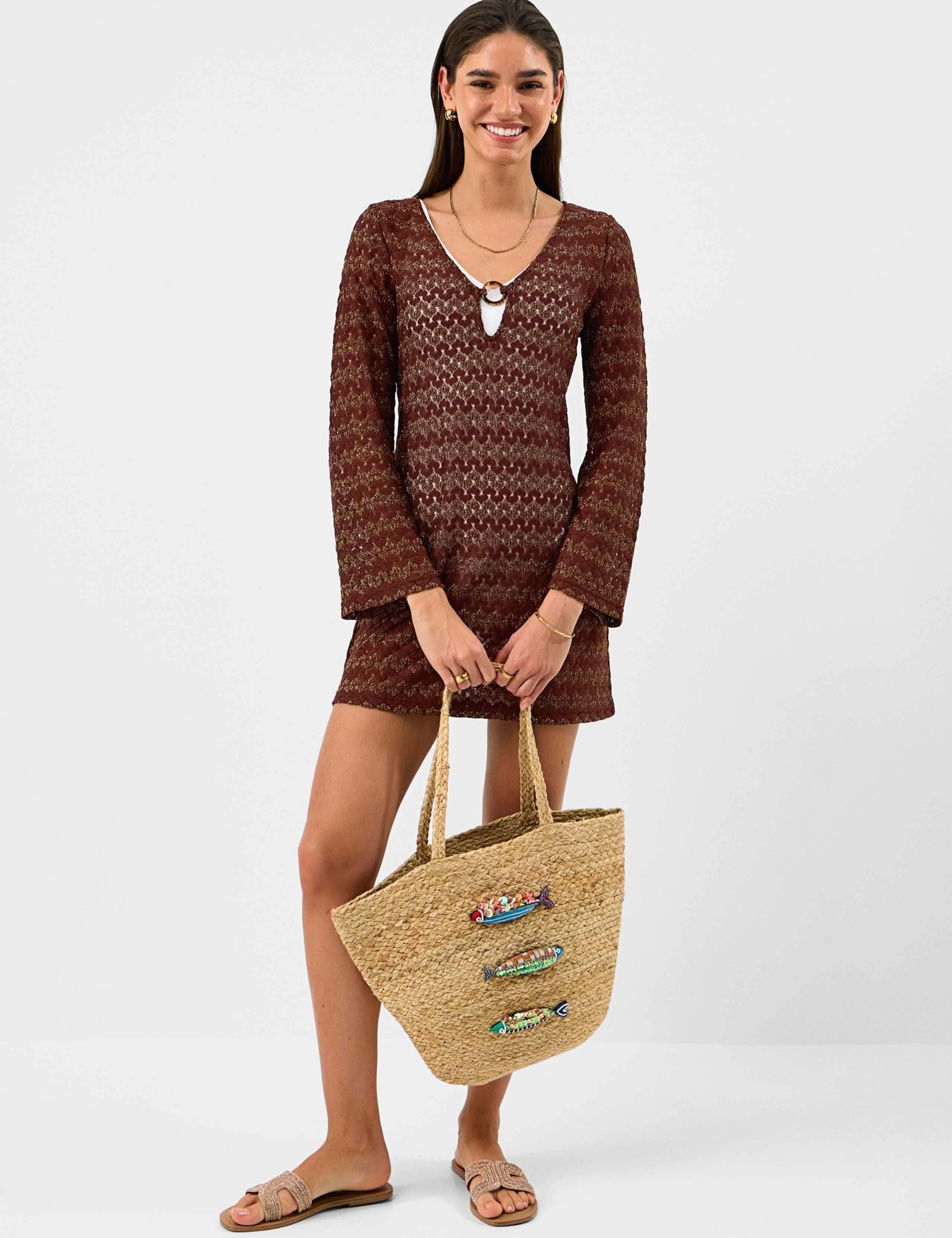 Textured V-Neck Ring Front Mini Beach Dress 1 of 4