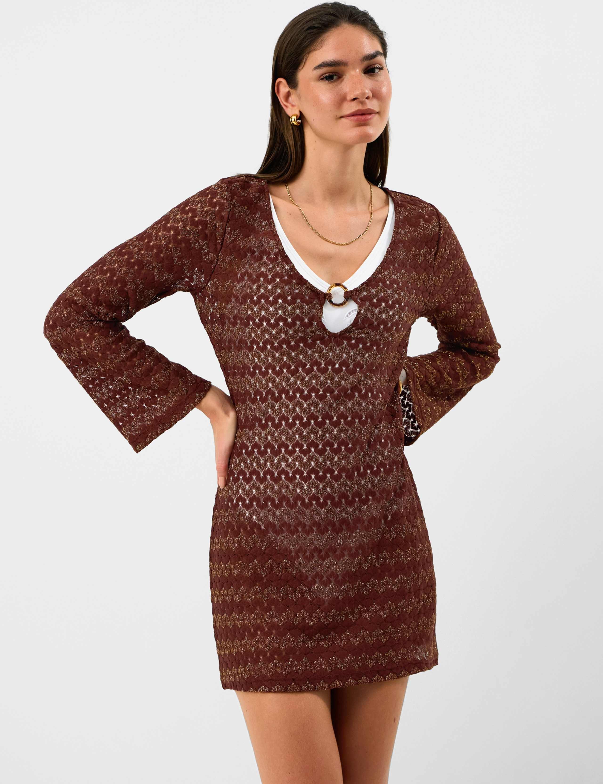 Textured V-Neck Ring Front Mini Beach Dress 3 of 4