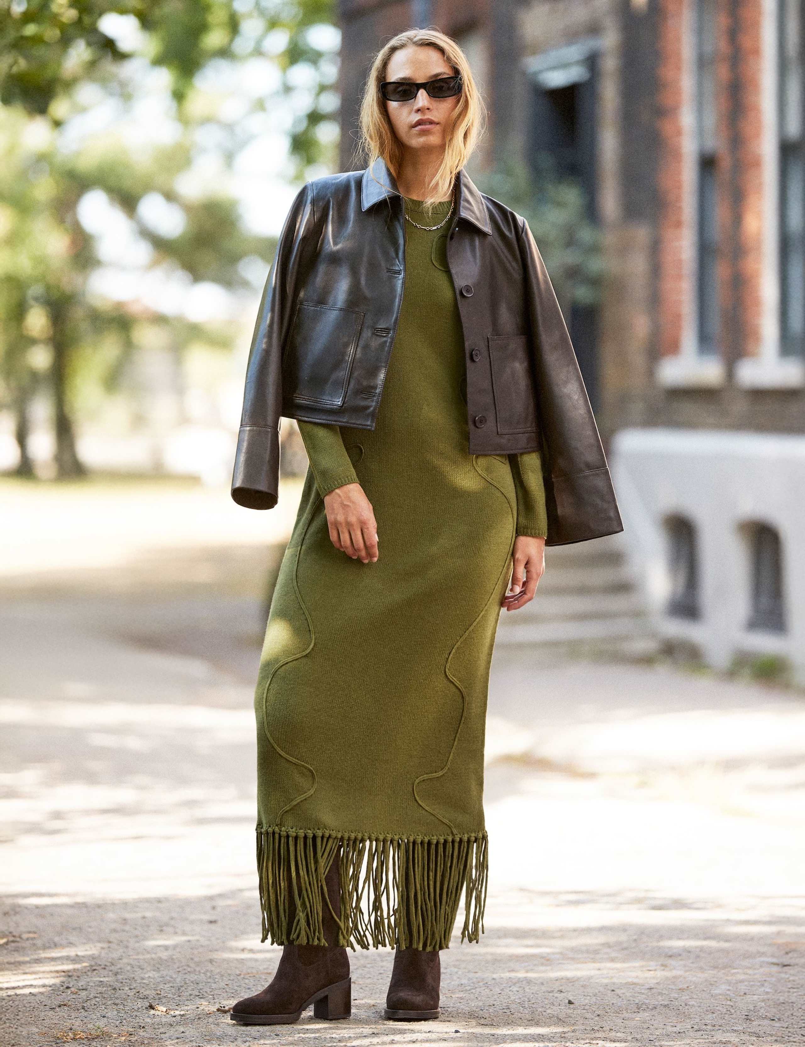 Khaki-Green Appliquéd Knit Midi Dress with Wool 2 of 5