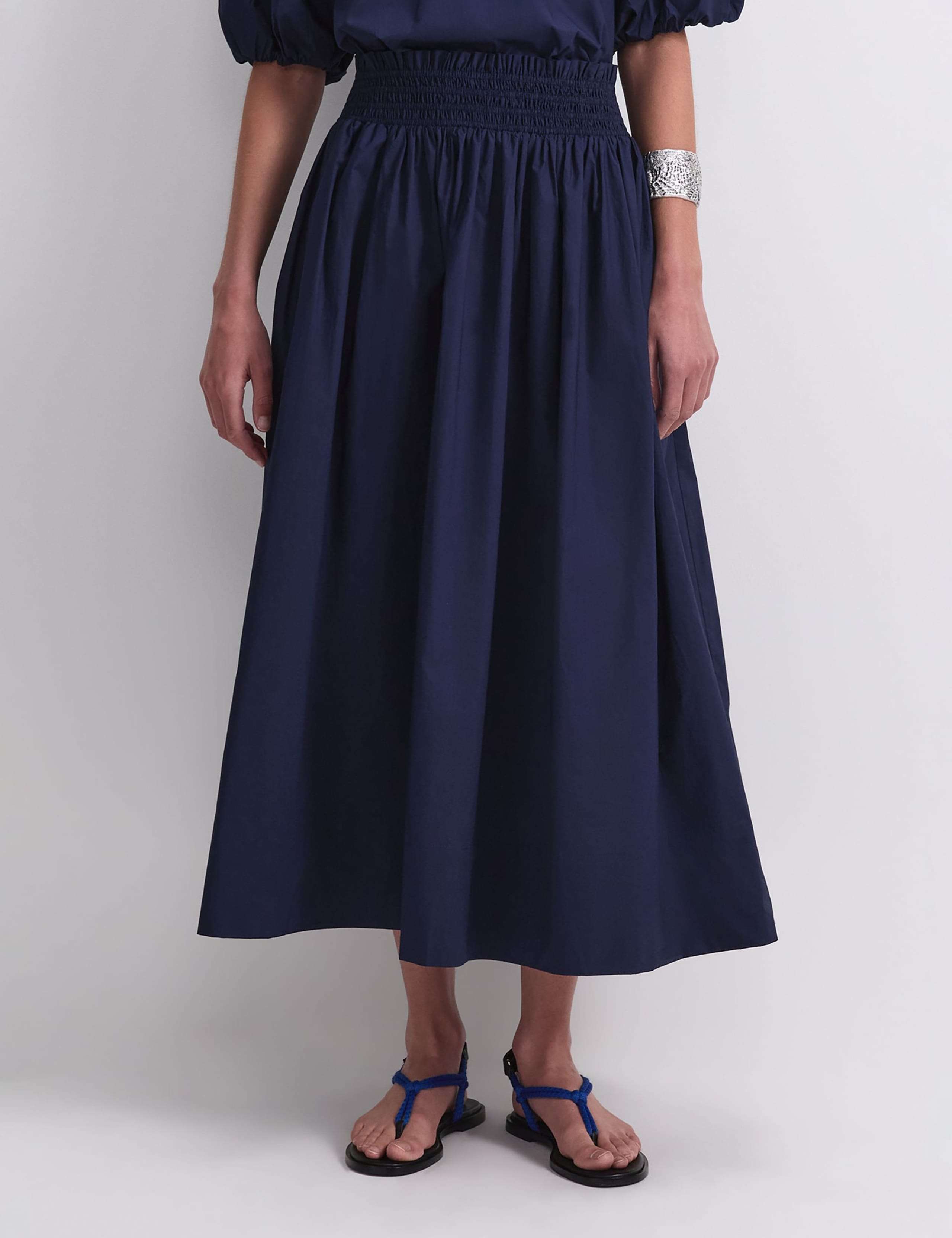 Pure Cotton Shirred Waist Midi Skirt 1 of 5