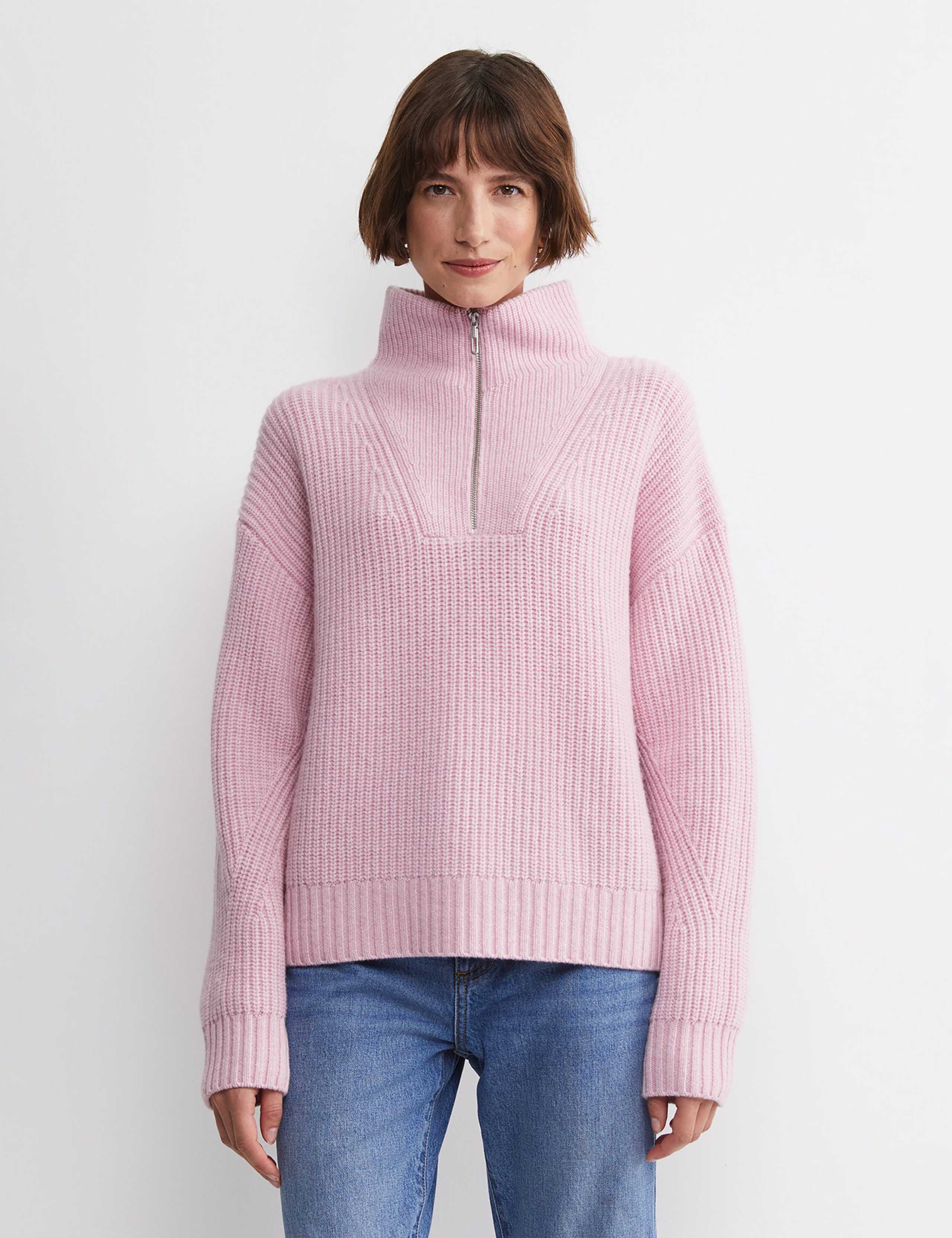 Pure Wool Ribbed Funnel Neck Half Zip Jumper 1 of 7